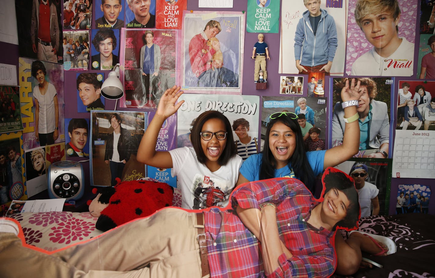 Att he home of One Direction fan 13-year old Sophia Bunker, left, Izzy Lev brought over a cardboard cutout of Harry Styles. Niall Horan is the favorite for Bunker. ] tsong-taataarii@startribune.com