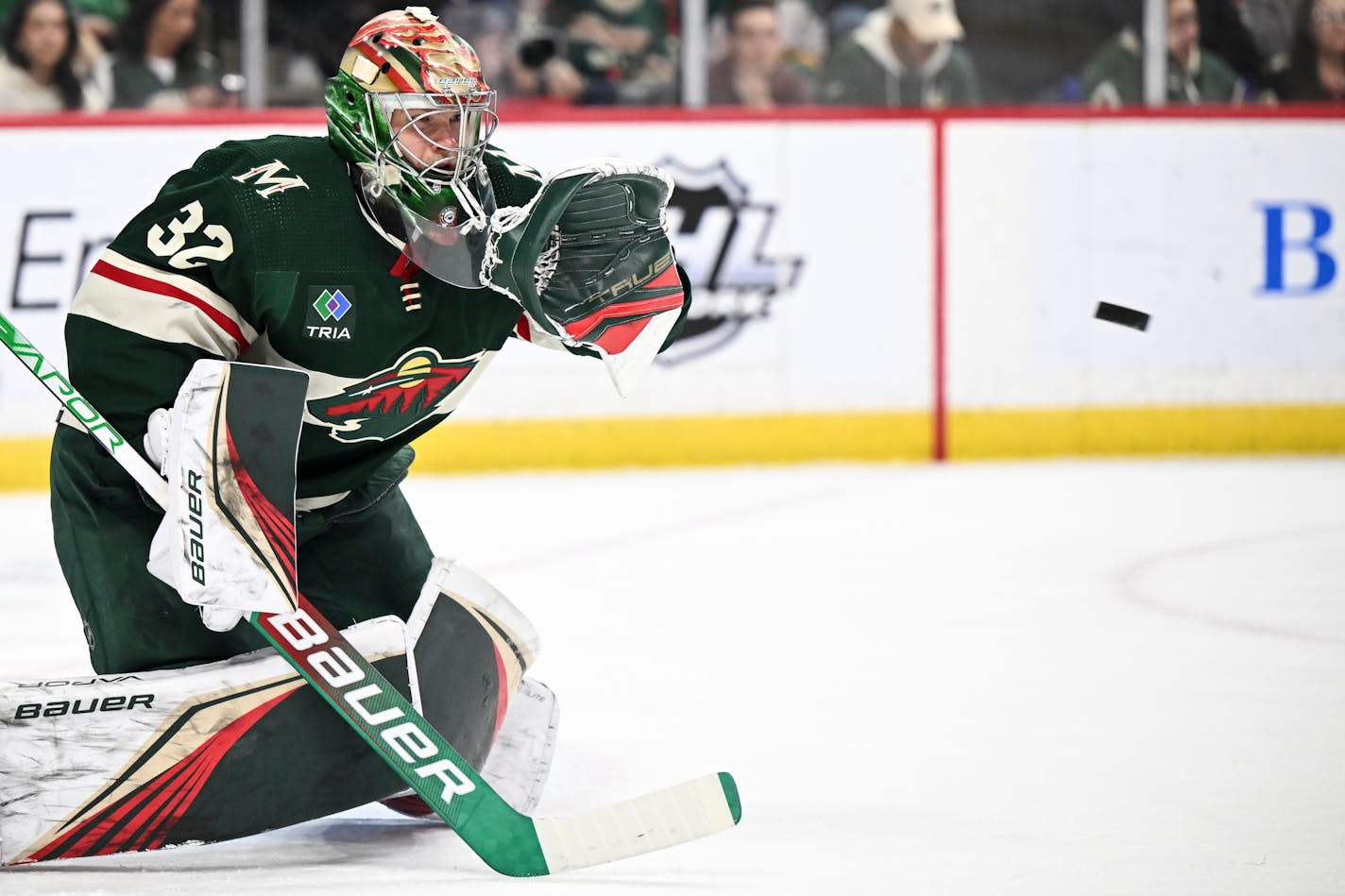 Minnesota Wild goaltender Filip Gustavsson (32) makes a save during the second period of an NHL hockey game Friday, Feb. 17, 2023 at Xcel Energy Center in St. Paul, Minn. ] AARON LAVINSKY • aaron.lavinsky@startribune.com