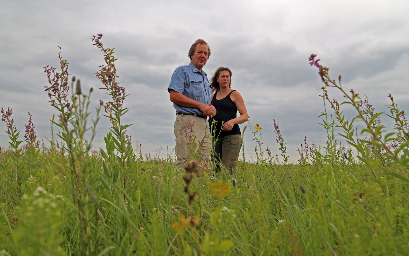 Tony Thompson and his wife Sonya Buller in a field of virgin prairie they cultivate for wildflower and other seeds. The seeds are sold to state and federal conservation agencies, and conservation groups such as The Nature Conservancy.