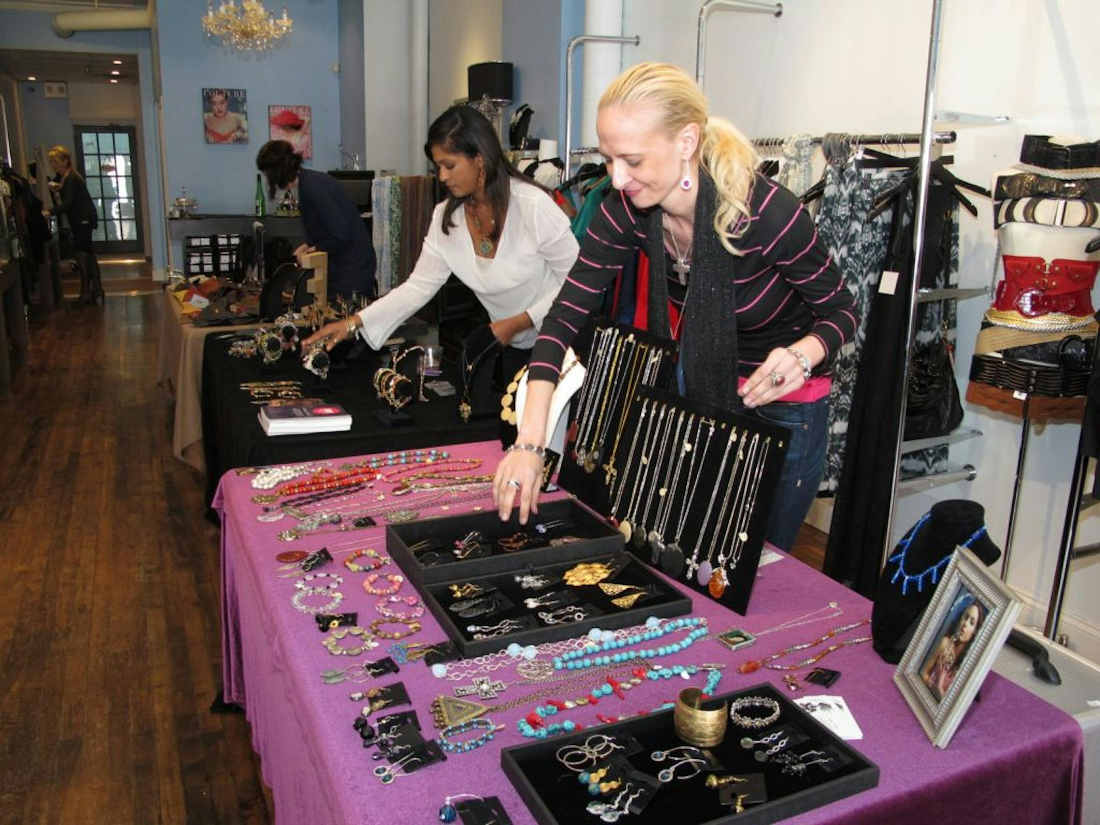 Sara Glassman, sglassman@startribune.com
Hannah Bartz of Engels by Design, Robyne Robinson of Rox and Megan Mitsch of m.bridget designs set up for the Spring Jewelry Bazaar at Drama in Edina.