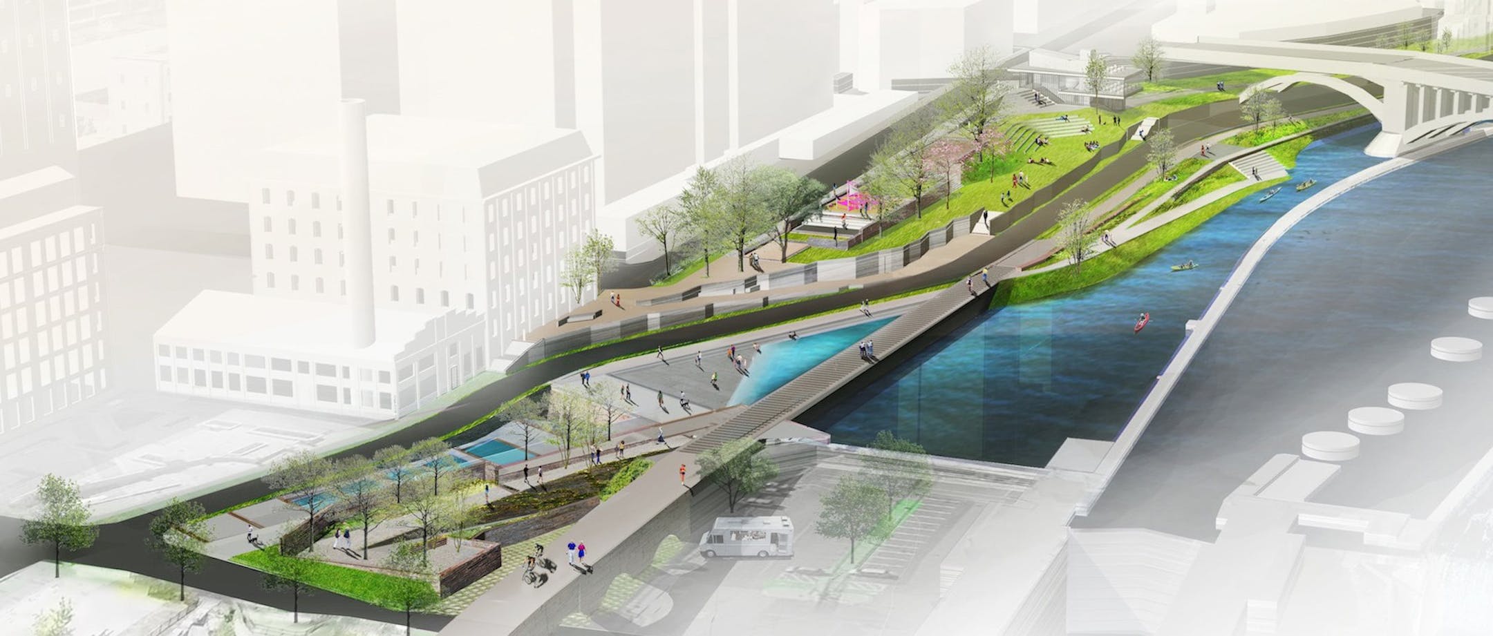 This proposed water works area of the Mill Ruins Park on the Minneapolis riverfront would open more of the heaqdrace of the canal that supplied water to power nearby mills. The former canal would be daylighted almost to Portland Avenue (lower left) while Stone Arch Bridge would connect with West River Parkway trails over an expanded basin. Third Avenue Bridge is shown in the background. ORG XMIT: MIN1410201337380385