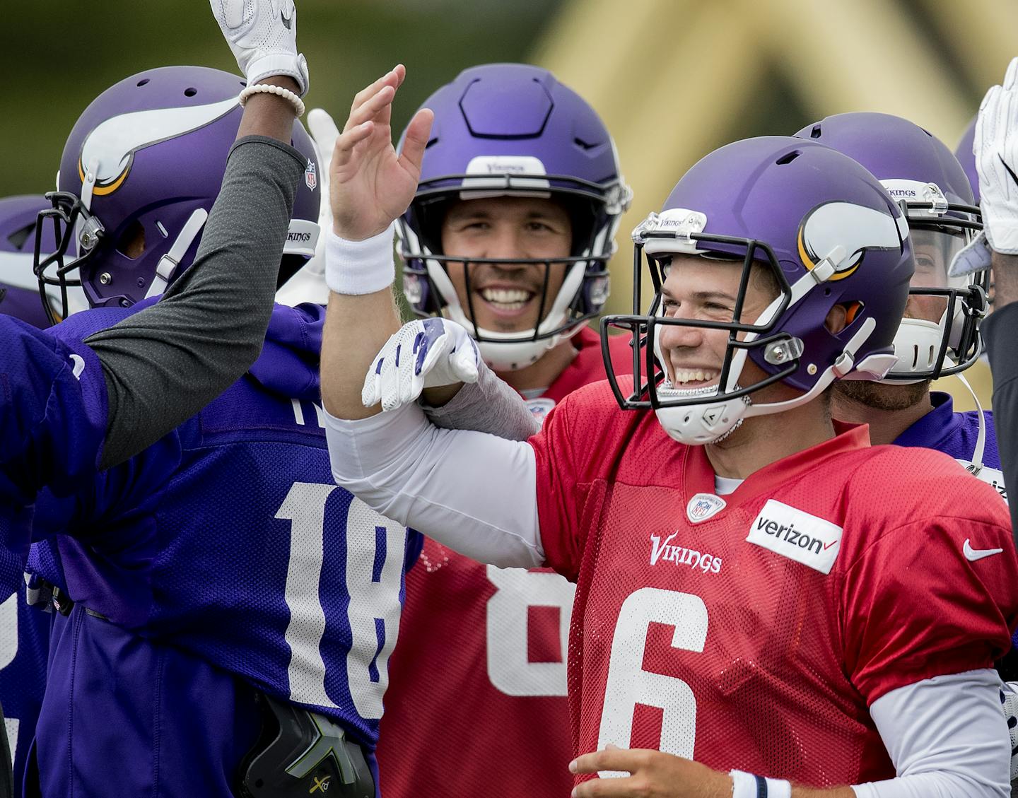 Minnesota Vikings quarterbacks and receivers enjoyed a lighthearted moment during the afternoon practice. ] CARLOS GONZALEZ &#xef; cgonzalez@startribune.com - August 3, 2017, Mankato, MN, Minnesota State University Mankato, Minnesota Vikings Training Camp, NFL