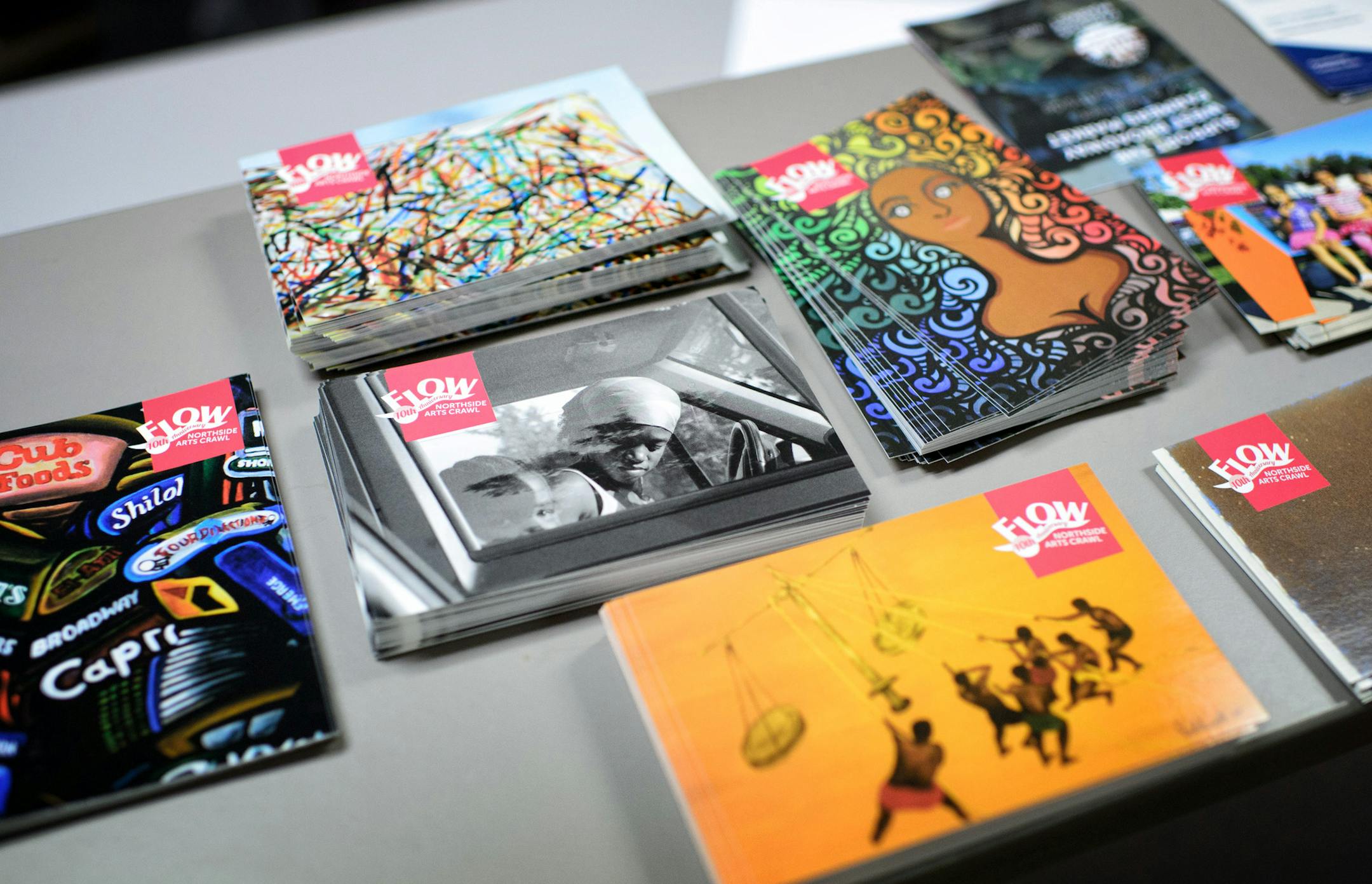 Cards featuring some of the artists showcased in this year's Flow Northside Arts Crawl. ] GLEN STUBBE * gstubbe@startribune.com Friday, July 10, 2015 The Flow Northside Arts Crawl, in its tenth year, showcases the growing arts scene in North Minneapolis. Advancing the 7/23 festival. Artistic director Dudley Voight will take us on a tour of murals and galleries along West Broadway -She will take us to a deli where a local artist is putting up new work, the Juxtaposition center where kids are maki