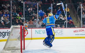 St. Cloud Cathedral's Nick Hansen celebrates a 3-1 victory against Hermantown in the Class 1A title game at Xcel Energy Center in St. Paul on Saturday