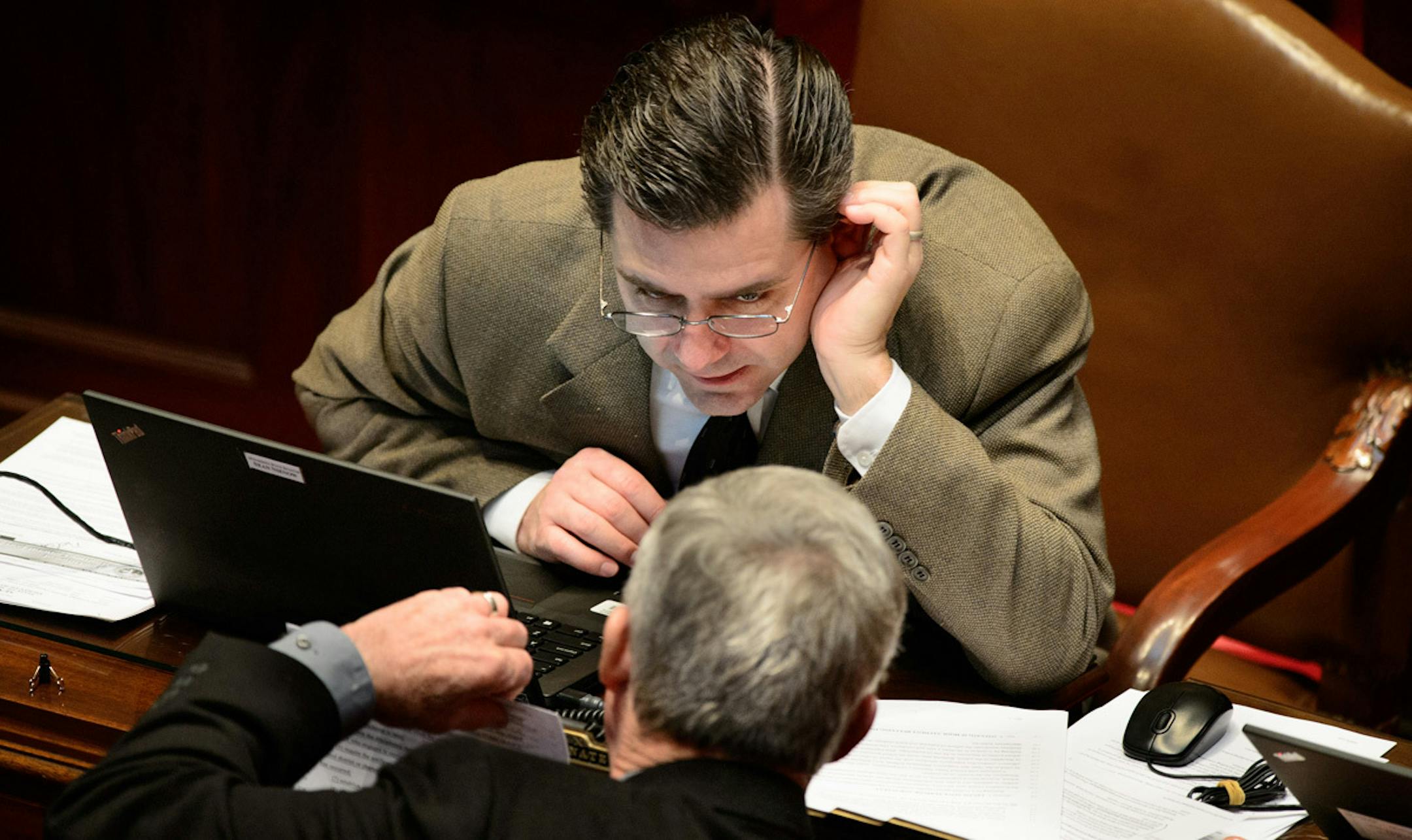 Sen. Sean Nienow, R-Cambridge, spoke against the anti-bullying bill on the Senate floor. ] GLEN STUBBE * gstubbe@startribune.com Thursday, April 3, 2014.