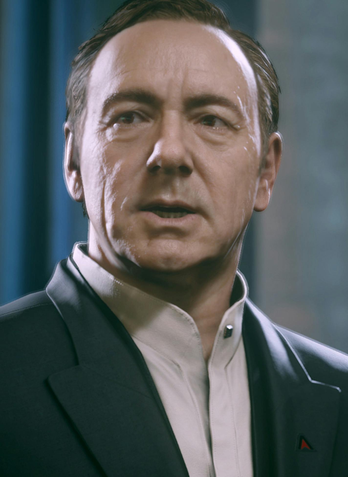 This photo courtesy of Activision shows Kevin Spacey in a scene from the video game, &#xec;Call of Duty: Advanced Warfare." (AP Photo/Activision)