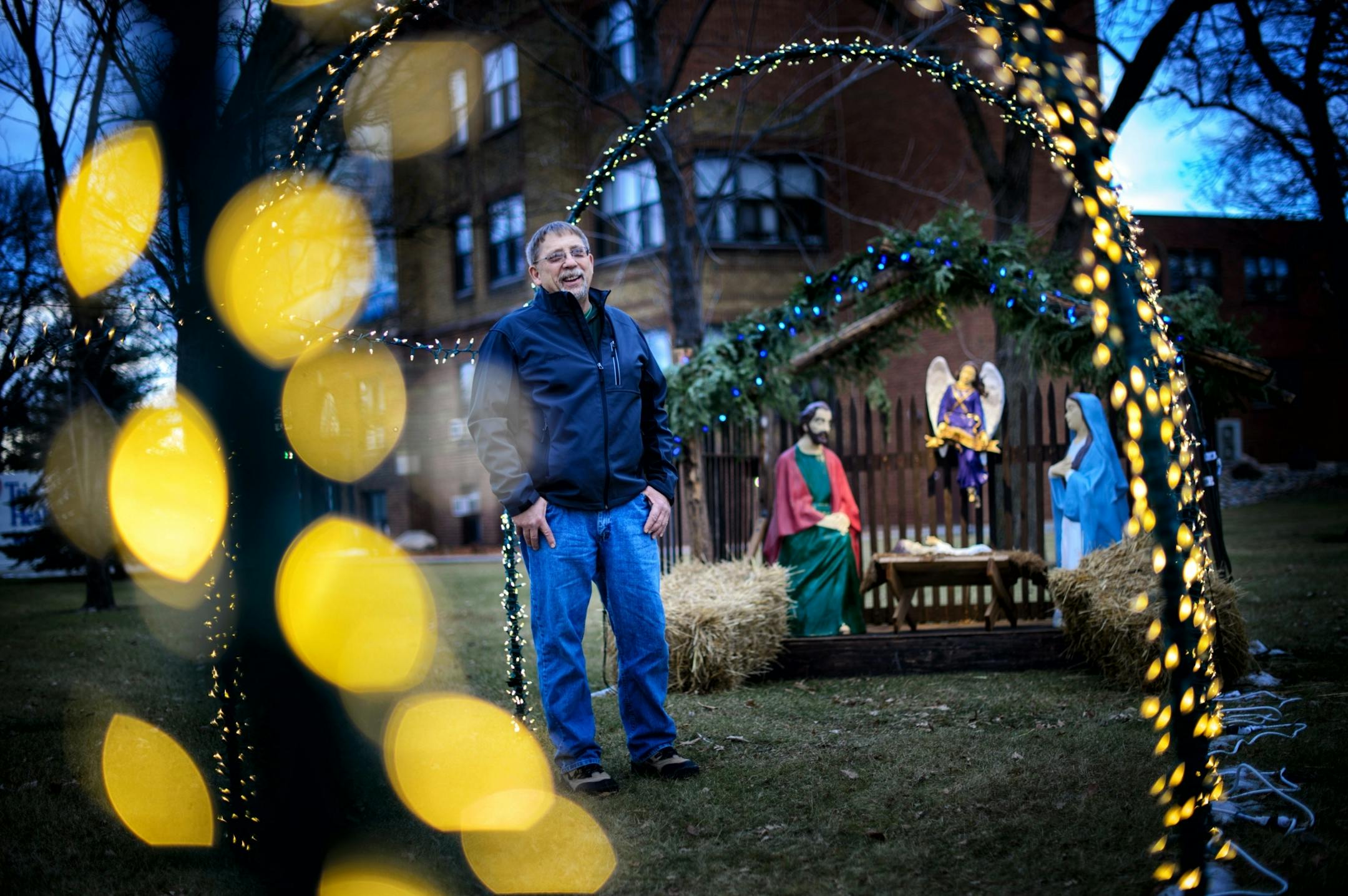 Wadena Mayor George Deiss with the Nativity scene that the city sold for $25 so it could be displayed on private property.