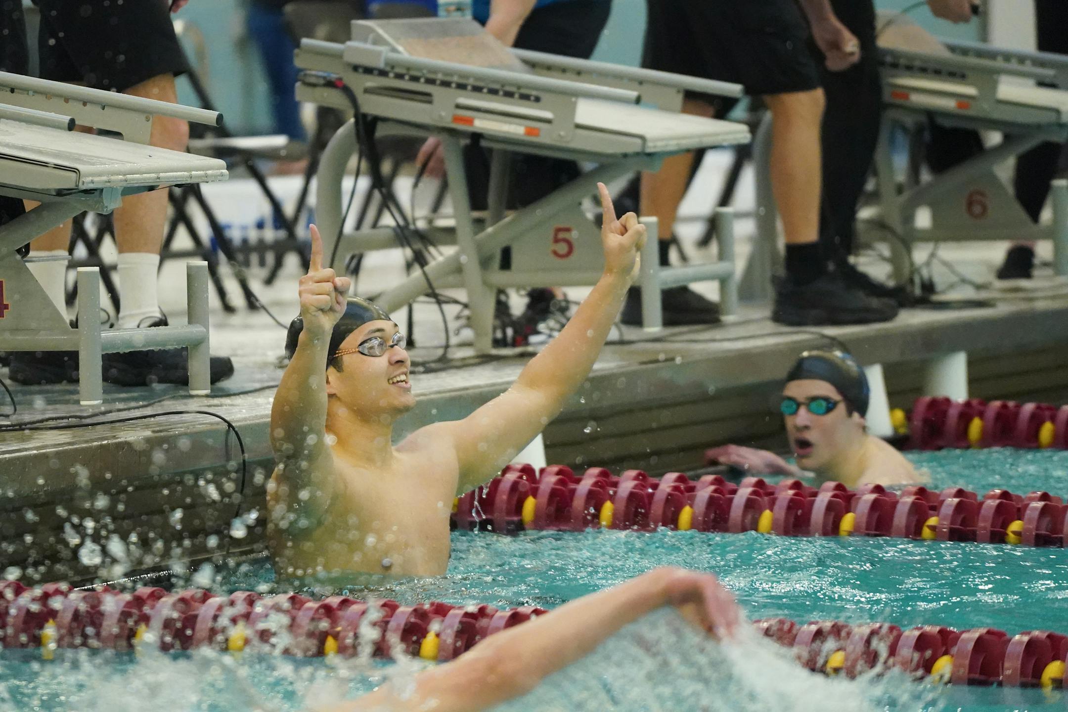 James Pan from Breck/Blake celebrates after seeing his time on board for the 200 IM at the boys Class 1A state swim championships, Saturday, March 5, 2022 on the campus of the University of Minnesota in Minneapolis, Minn. ] SHARI L. GROSS ??? shari.gross@startribune.com