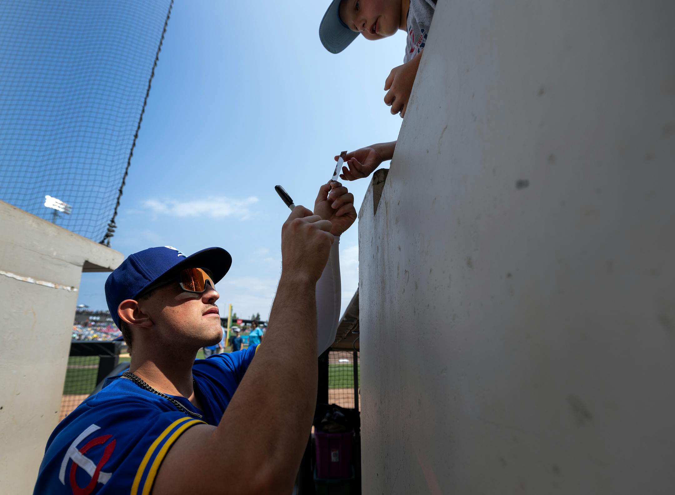 St. Paul Saints infielder Brooks Lee signed autographs before a game Wednesday, August 9, 2023, at CHS Field in St. Paul, Minn.