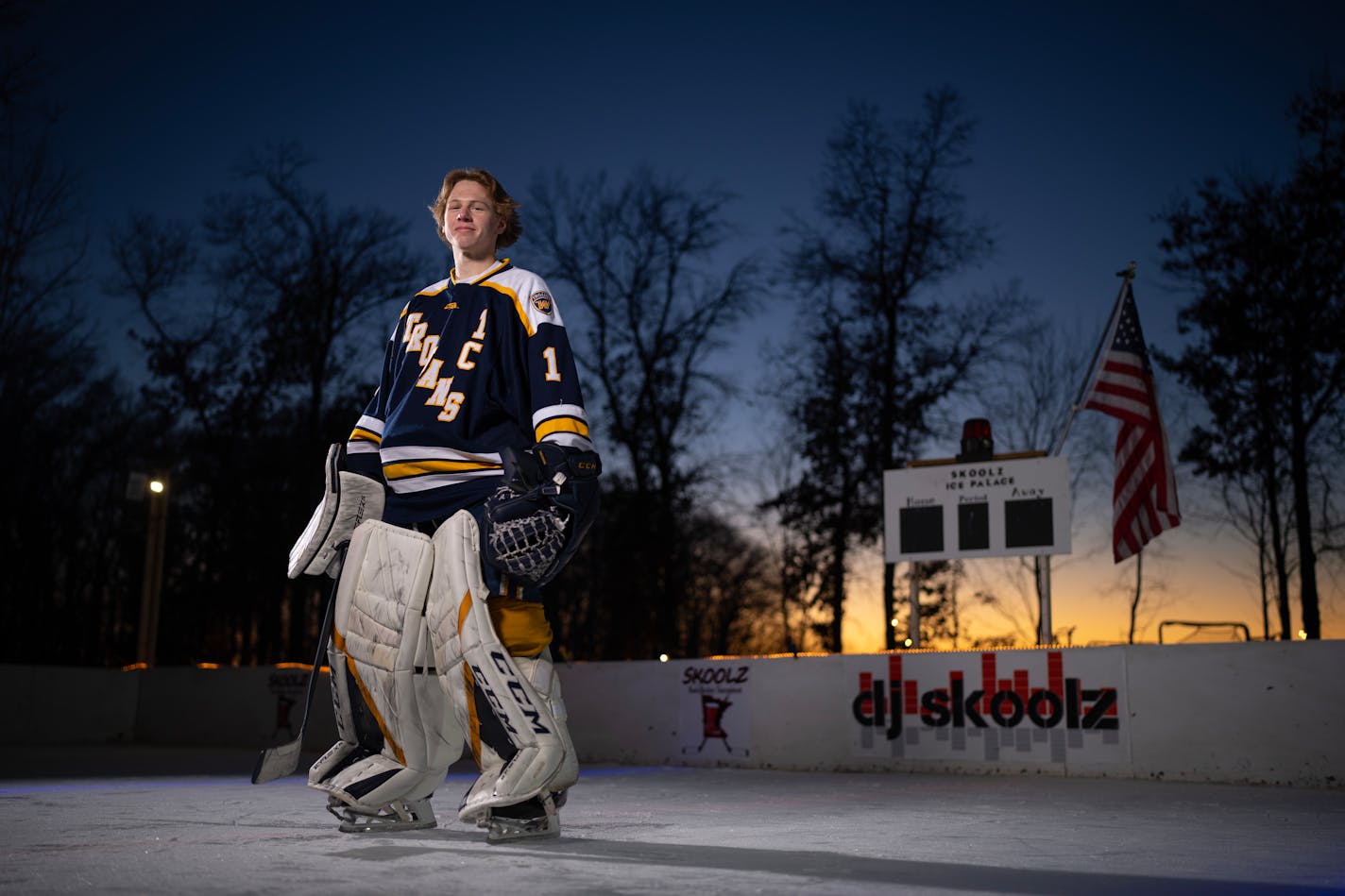 Goalie Will Ingemann of Wayzata High School is the Star Tribune's Metro Boy's Hockey Player of the Year. The Star Tribune's All Metro Boys Hockey First Team gathered for a portrait Sunday evening, February 5, 2023 on the backyard rink of Tom Schoolmeesters in Circle Pines, Minn. ] JEFF WHEELER • jeff.wheeler@startribune.com