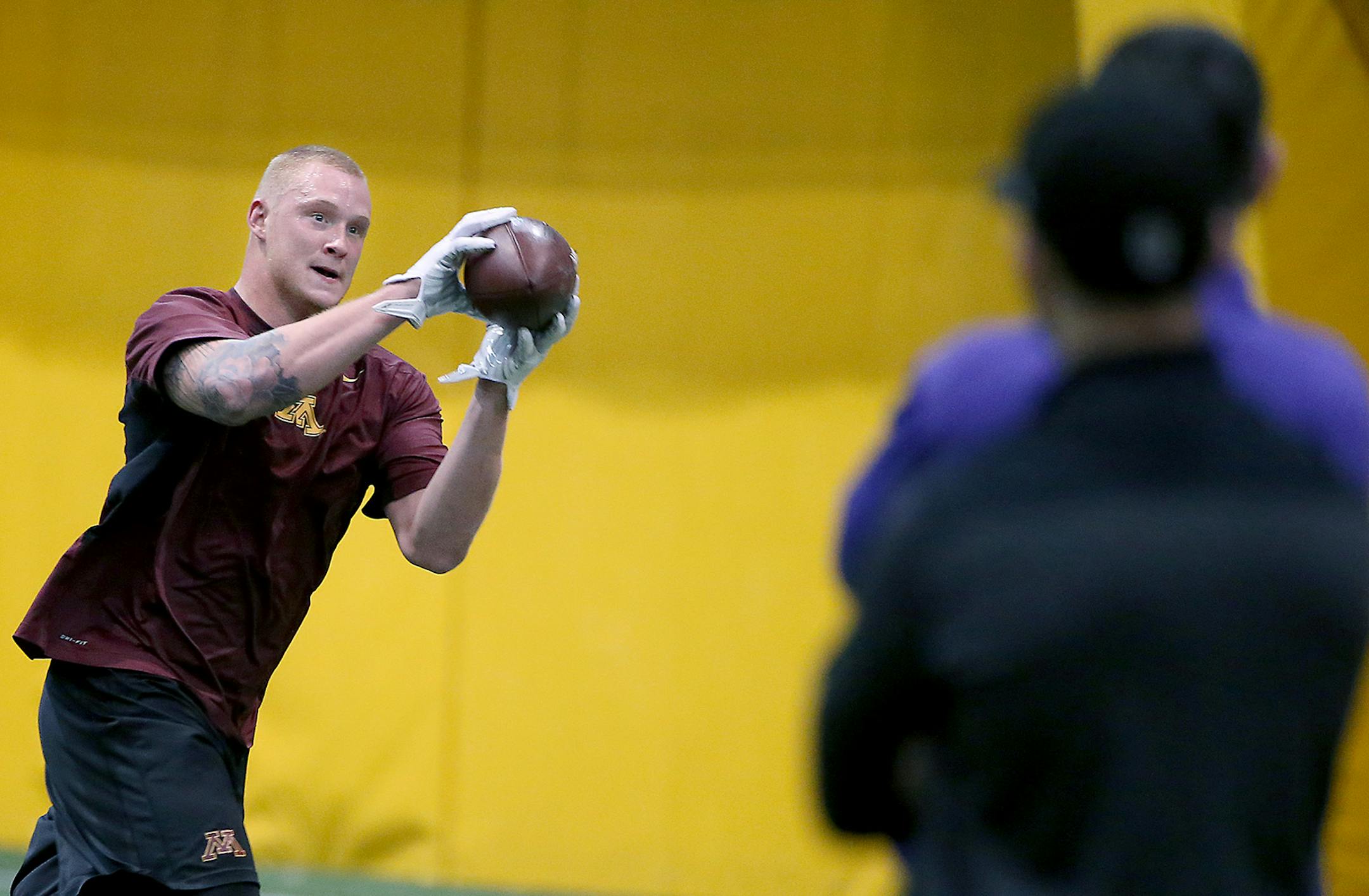 Minnesota's Max Williams was tested on his football skills before NFL scouts during Pro Day at the Nagurski building on campus, Monday, March 2, 2015. ] (ELIZABETH FLORES/STAR TRIBUNE) ELIZABETH FLORES � eflores@startribune.com