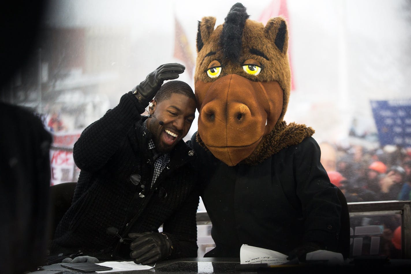 Kalamazoo native Gregg Jennings, left, and mascot-headed Lee Corso both selected Western Michigan to defeat Buffalo in a NCAA college football game during a broadcast for ESPN's "College GameDay" in Kalamazoo, Mich., in 2016, when Gophers coach P.J. Fleck was still coaching the Broncos.