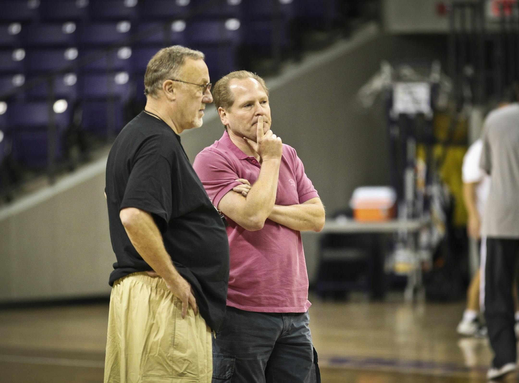 Head coach Rick Adelman and general manager David Kahn during Minnesota Timberwolves practice at Minnesota State University