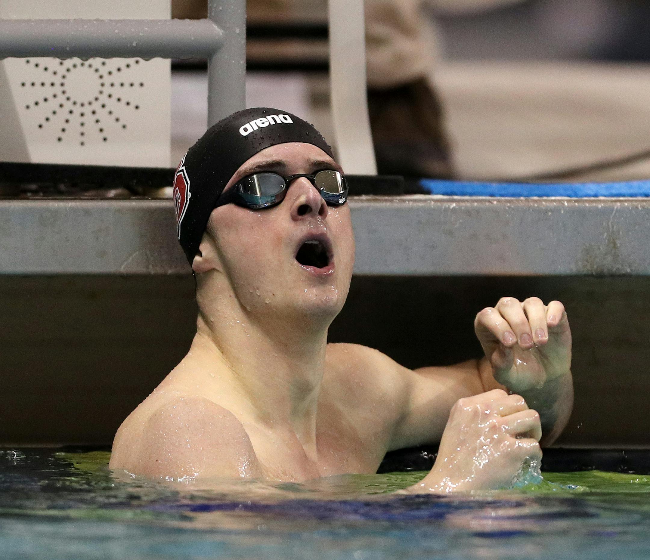 NC State's Coleman Stewart reacted after unexpectedly winning the 100 yard backstroke Friday evening. ] ANTHONY SOUFFLE ï anthony.souffle@startribune.com Swimmers competed in the Division 1 NCAA men's swimming and diving championships Friday, March 23, 2018 at the Jean K. Freeman Aquatic Center on the grounds of the University of Minnesota in Minneapolis.