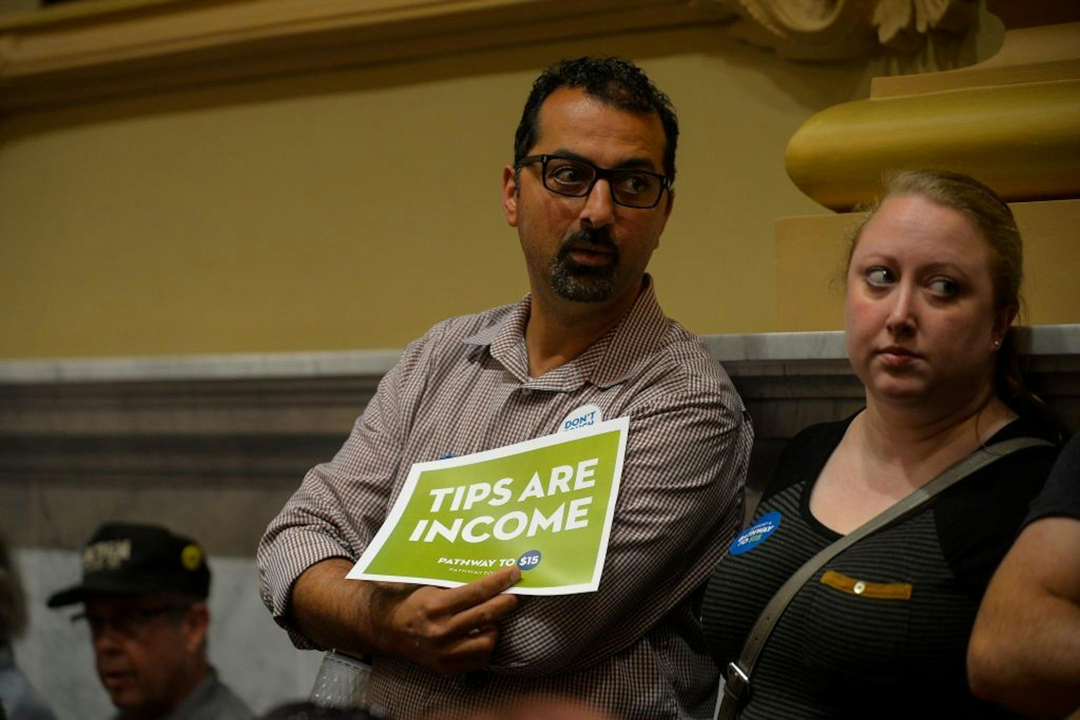 Saed Wadi, part owner of World Street Kitchen, came out to Minneapolis City Hall to support the tip credit Thursday.