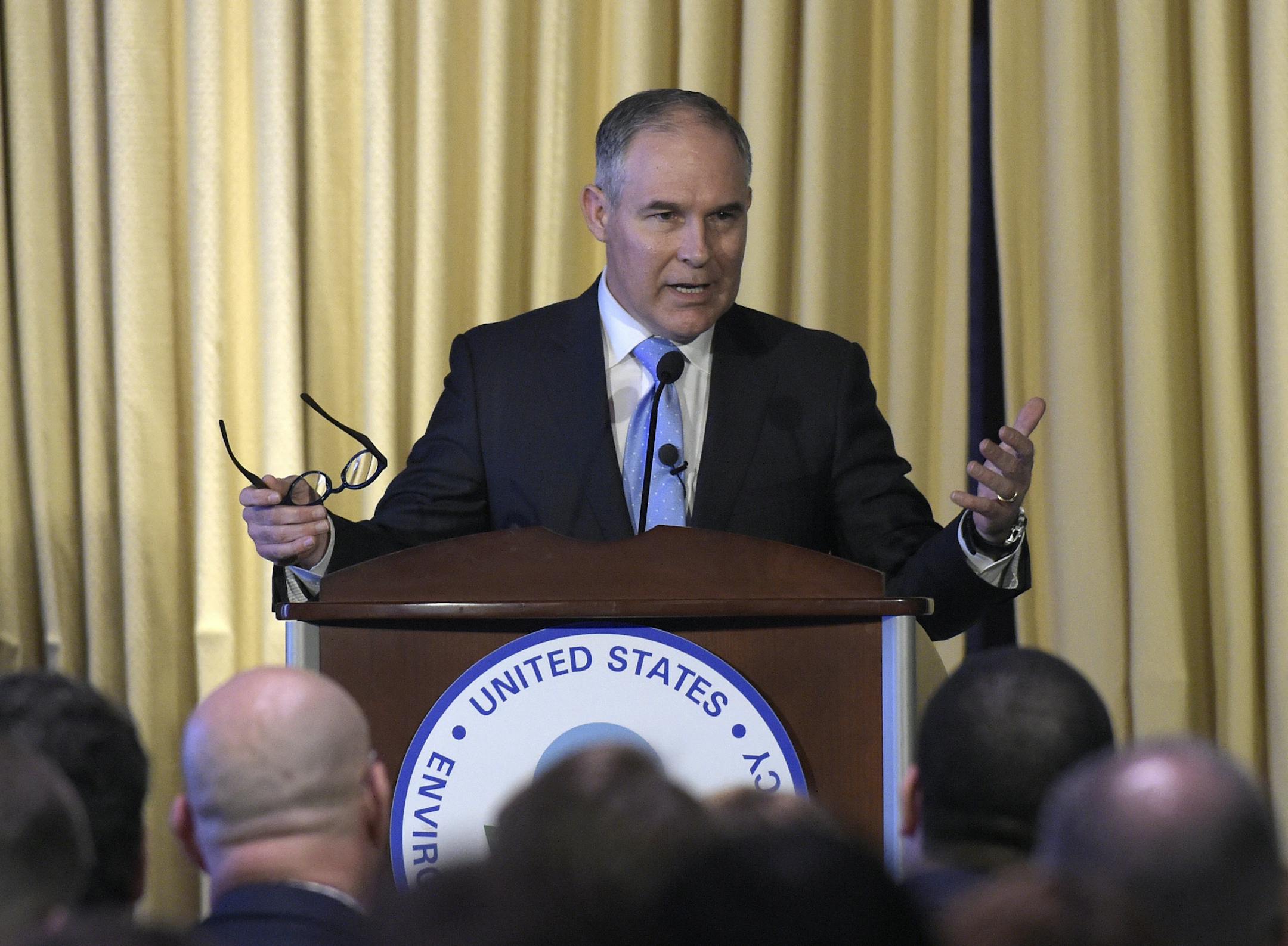 FILE - In this Feb. 21, 2017 file photo Environmental Protection Agency (EPA) Administrator Scott Pruitt speaks in Washington. Pruitt occasionally used private email to communicate with staff while serving as Oklahoma’s attorney general, despite telling Congress that he always used a state email account for government business. (AP Photo/Susan Walsh, File)