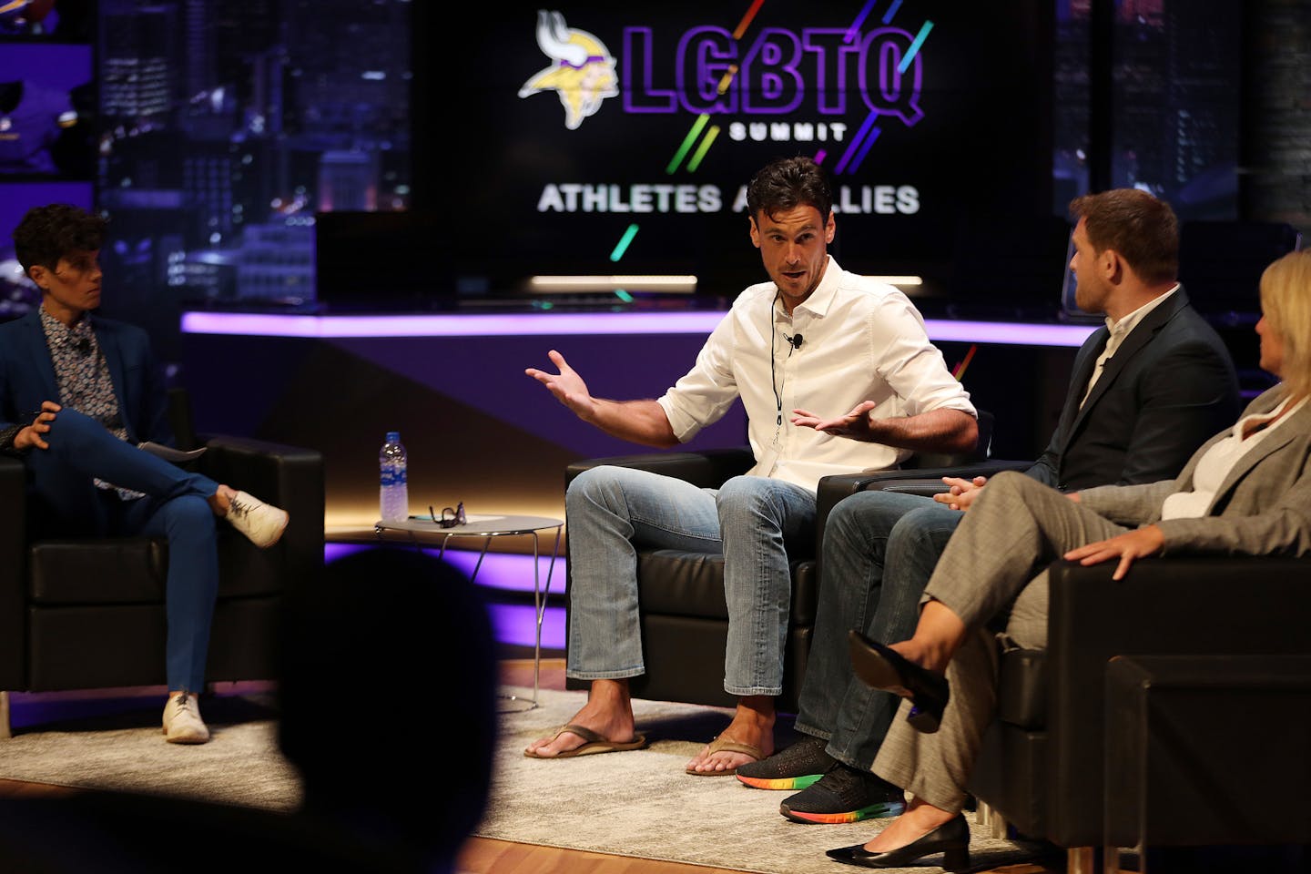 Moderator Jana Shortal, left, looked on as panelists Chris Kluwe, a former Minnesota Vikings kicker, Hudson Taylor, founder and executive director of Athlete Ally, and Amy Wilson, director of inclusion at the NCAA, spoke during an LGBTQ summit hosted by the Minnesota Vikings Thursday.