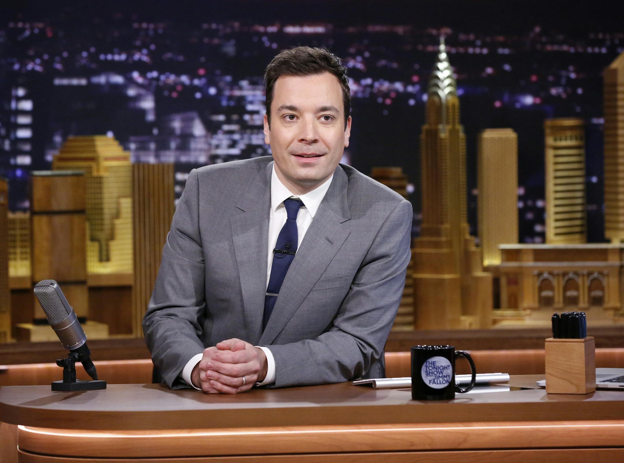 In this Feb. 17, 2014 file photo provided by NBC, Jimmy Fallon appears during his "The Tonight Show" debut, in New York.