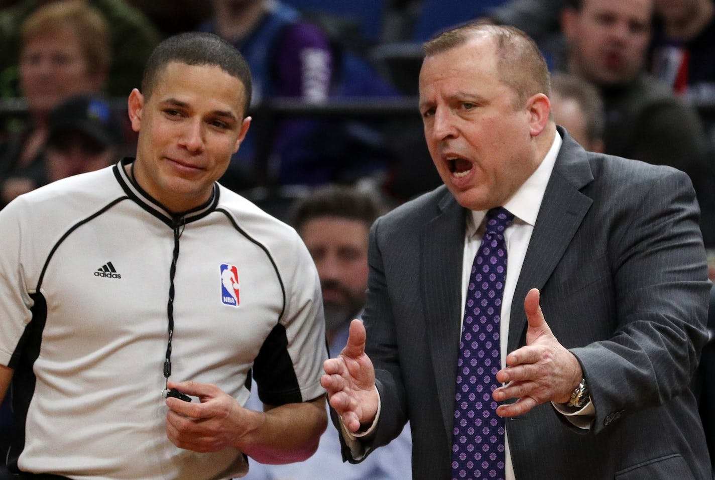 Minnesota Timberwolves head coach Tom Thibodeau argues a call during the second half. ] ANTHONY SOUFFLE &#x2022; anthony.souffle@startribune.com The Minnesota Timberwolves played the Oklahoma City Thunder during an NBA game Friday, Jan. 13, 2017 at the Target Center in Minneapolis.