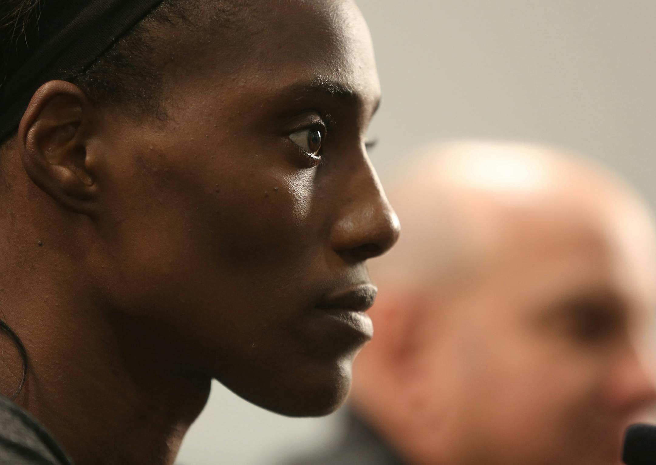 Lynx new center Sylvia Fowles talked to the media about how she feels about joining the team, being reunited with fellow player Seimone Augustus and the possibility of playing for a championship. ] (KYNDELL HARKNESS/STAR TRIBUNE) kyndell.harkness@startribune.com Lynx press conference at the Mayo Sports Clinic in Minneapolis, Min., Tuesday July 28, 2015.