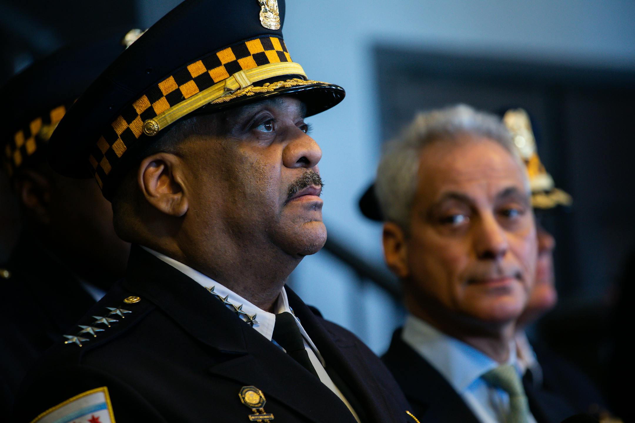 Mayor Emanuel and Chicago Police Superintendent Eddie Johnson talk about Cook County prosecutors decision to drop charges against Jussie Smollett after police graduation ceremony at Navy Pier's Grand Ballroom in Chicago on Tuesday, March 26, 2019 (Zbigniew Bzdak/Chicago Tribune/TNS ORG XMIT: 1290048