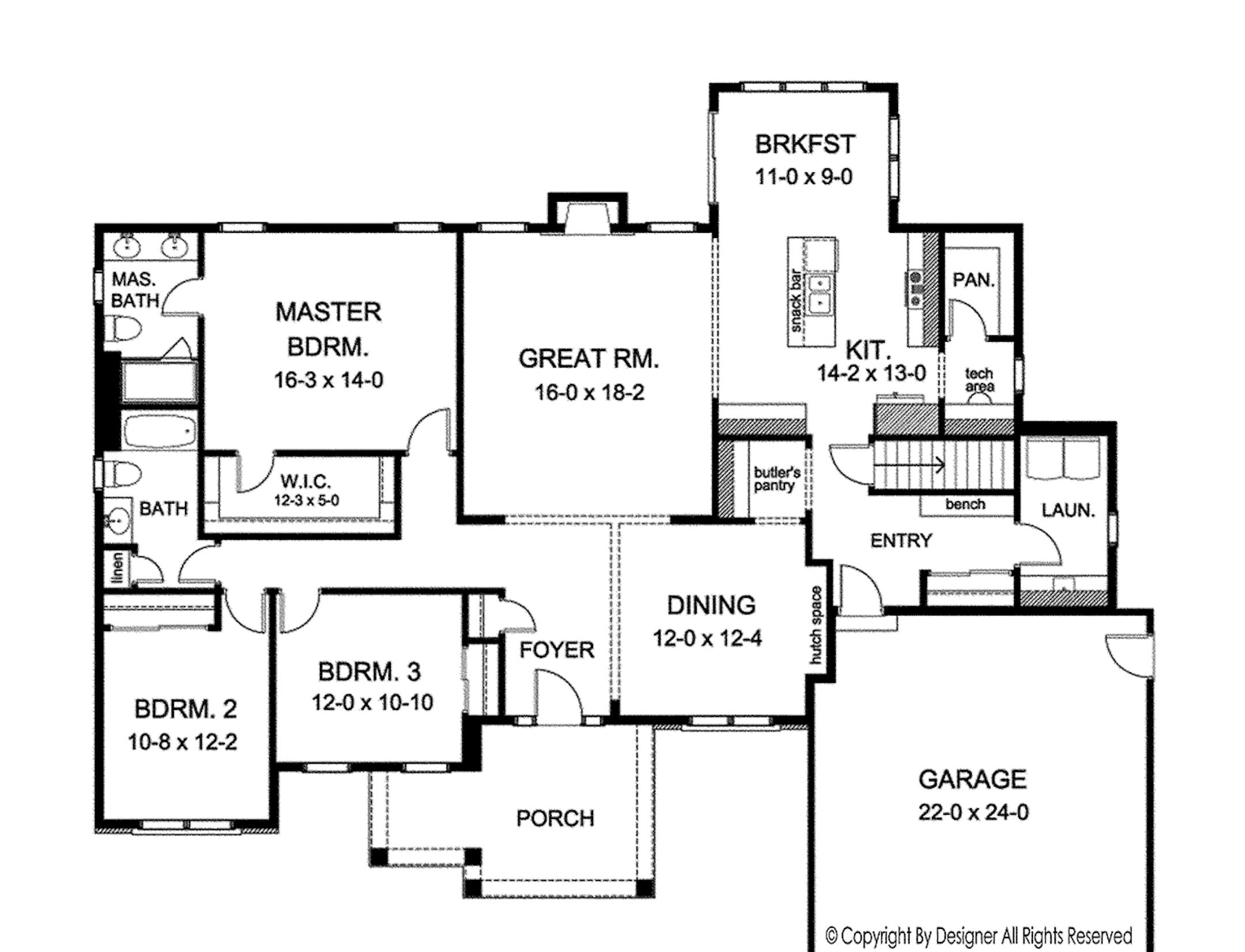Versatile ranch has abundant family gathering zones and clever storage spaces. For home plan 021416