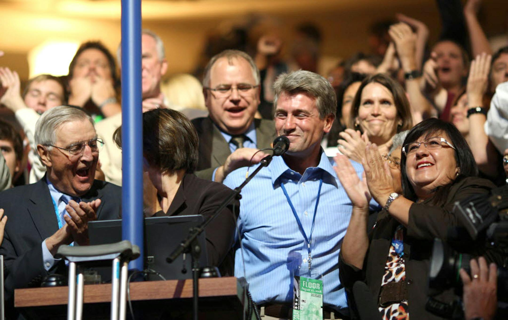 Minneapolis Mayor R.T. Rybak and the Minnesota delegation celebrated after he cast the delegation's votes for Obama and Clinton. Others are, from left, former Vice President Walter Mondale, Sen. Amy Klobuchar, and Melanie Benjamin of Onamia.