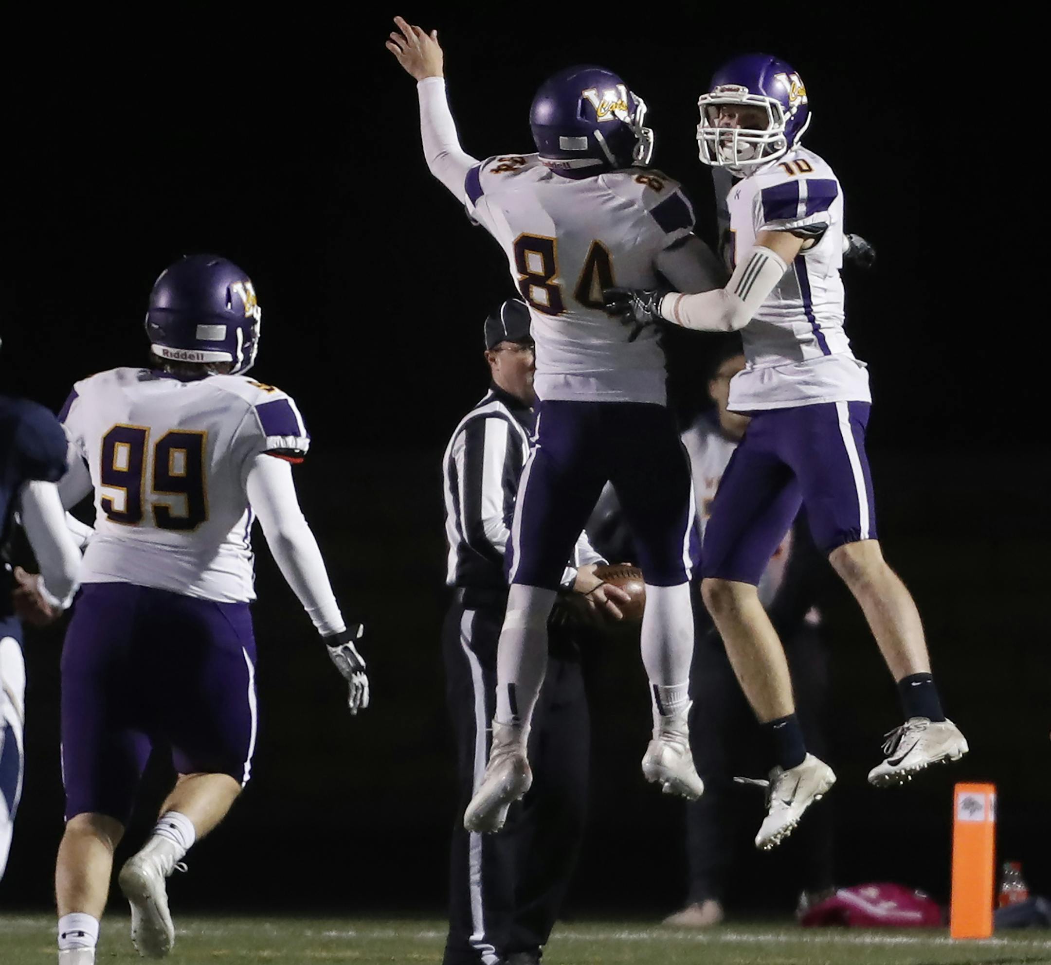 Waconia WR Will Koppi(10) who makes a long yardage run for a touchdown in the first half. Celebrates his touchdown with TE Alec Olson. ] The Chanhassen Storm take on the Waconia Wild Cats. Richard Tsong-TaatariiïRichard.Tsong-Taatarii@startribune.com.