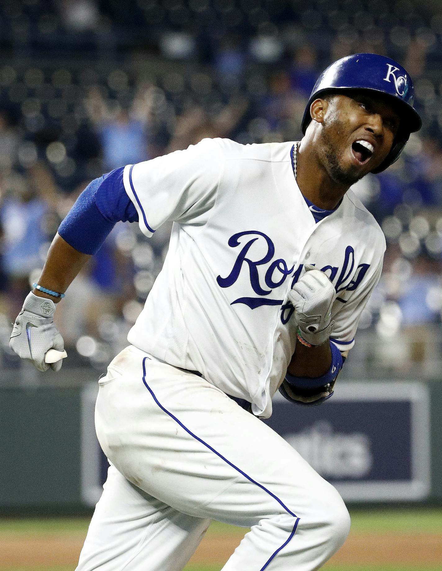 Kansas City Royals' Alcides Escobar runs the bases after hitting a walk-off home run during the 14th inning of a baseball game against the Minnesota Twins on Tuesday, May 29, 2018, in Kansas City, Mo. The Royals won 2-1. (AP Photo/Charlie Riedel)