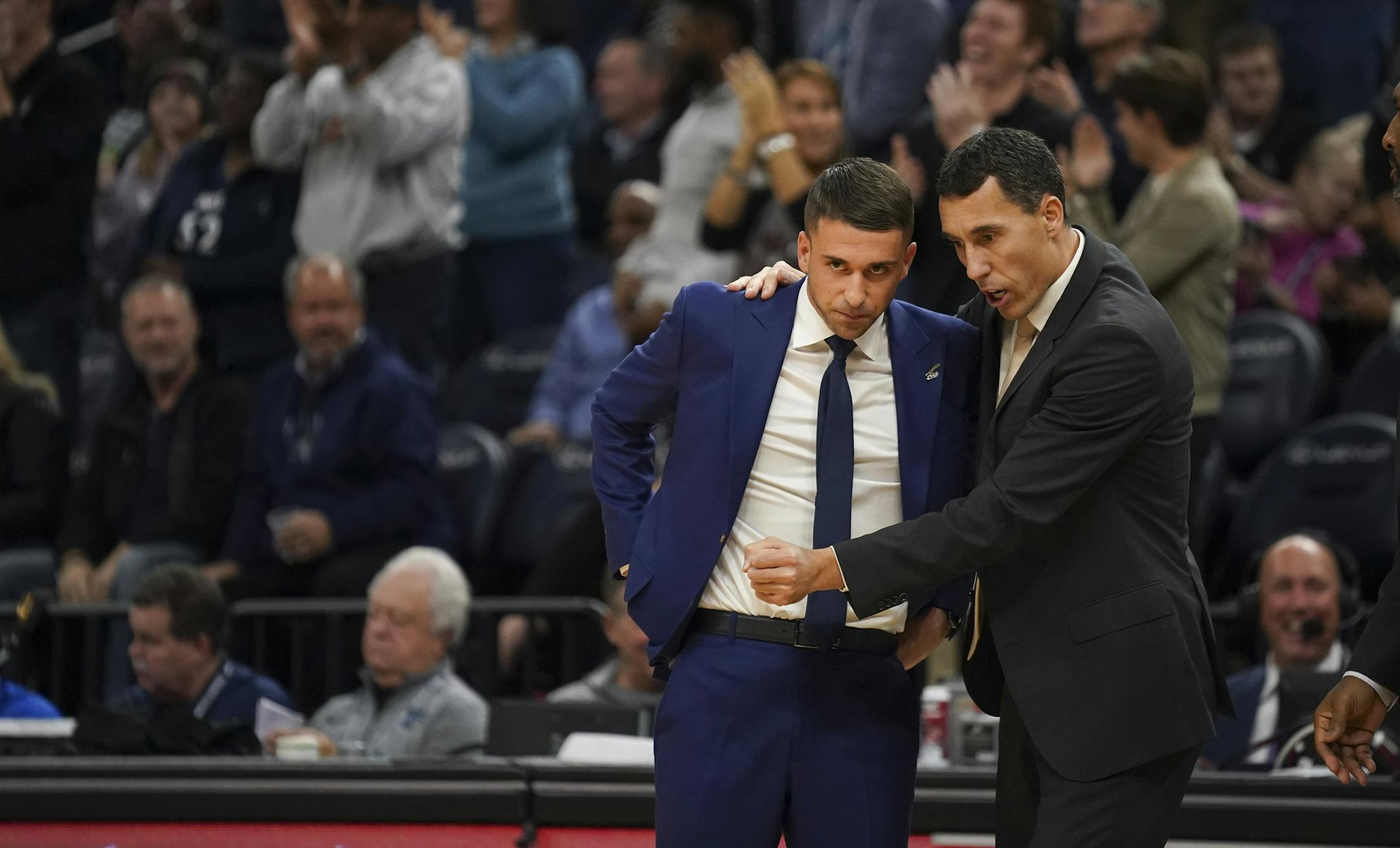 Wolves offensive coordinator Pablo Prigioni, right, and head coach Ryan Saunders conferred during a fourth quarter timeout. ] JEFF WHEELER &#x2022; Jeff.Wheeler@startribune.com The Minnesota Timberwolves lost to the Utah Jazz 103-95 in an NBA basketball game Wednesday night, November 20, 2019 at Target Center in Minneapolis.