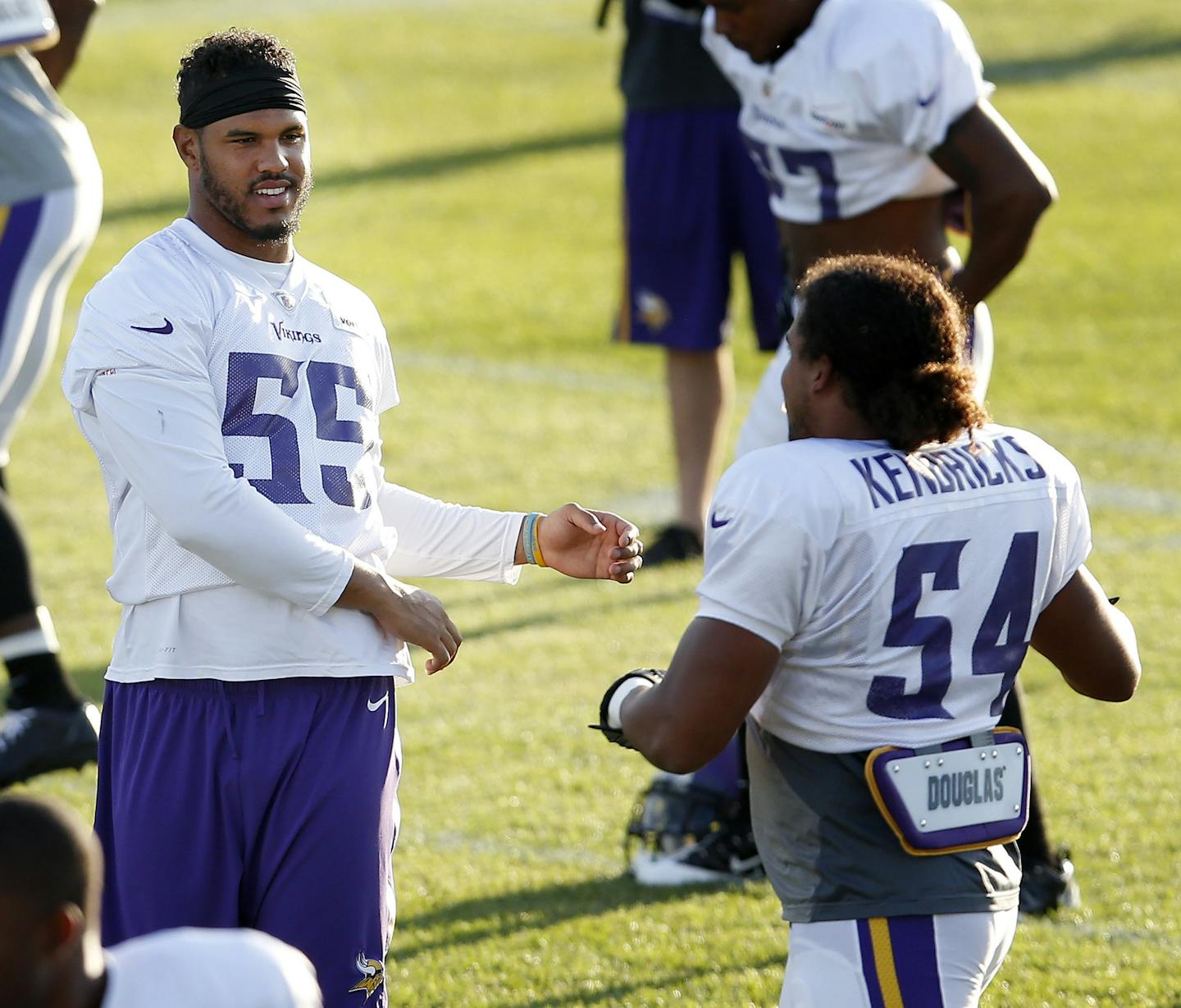 Minnesota Vikings linebacker Anthony Barr (55) stretched out with the team on Tuesday evening. ] CARLOS GONZALEZ cgonzalez@startribune.com - August 4, 2015, Mankato, MN, NFL, Minnesota Vikings Training Camp, Minnesota State University, Mankato,