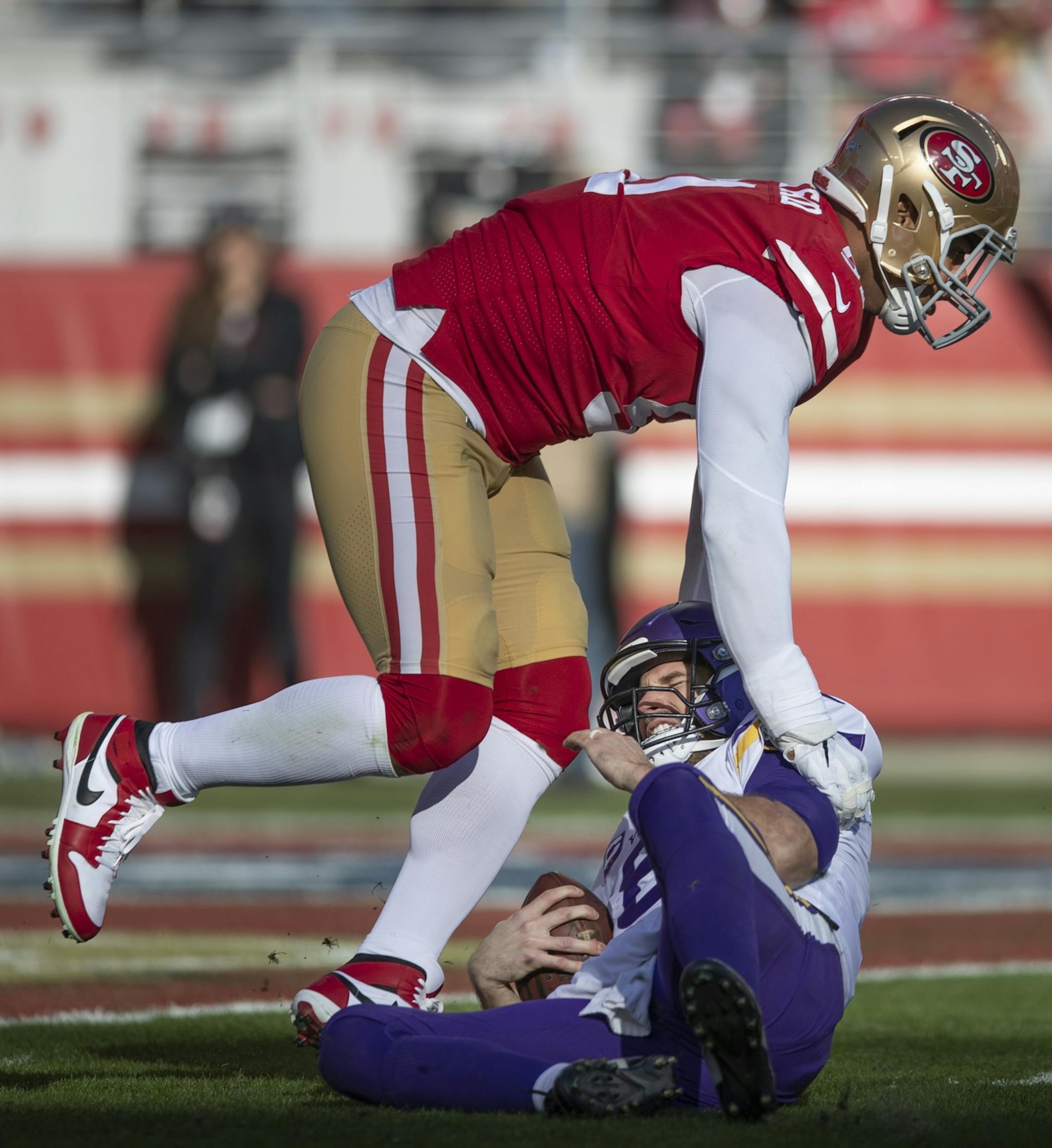 San Francisco 49ers defensive end Arik Armstead sacked Minnesota Vikings quarterback Kirk Cousins during the second quarter.