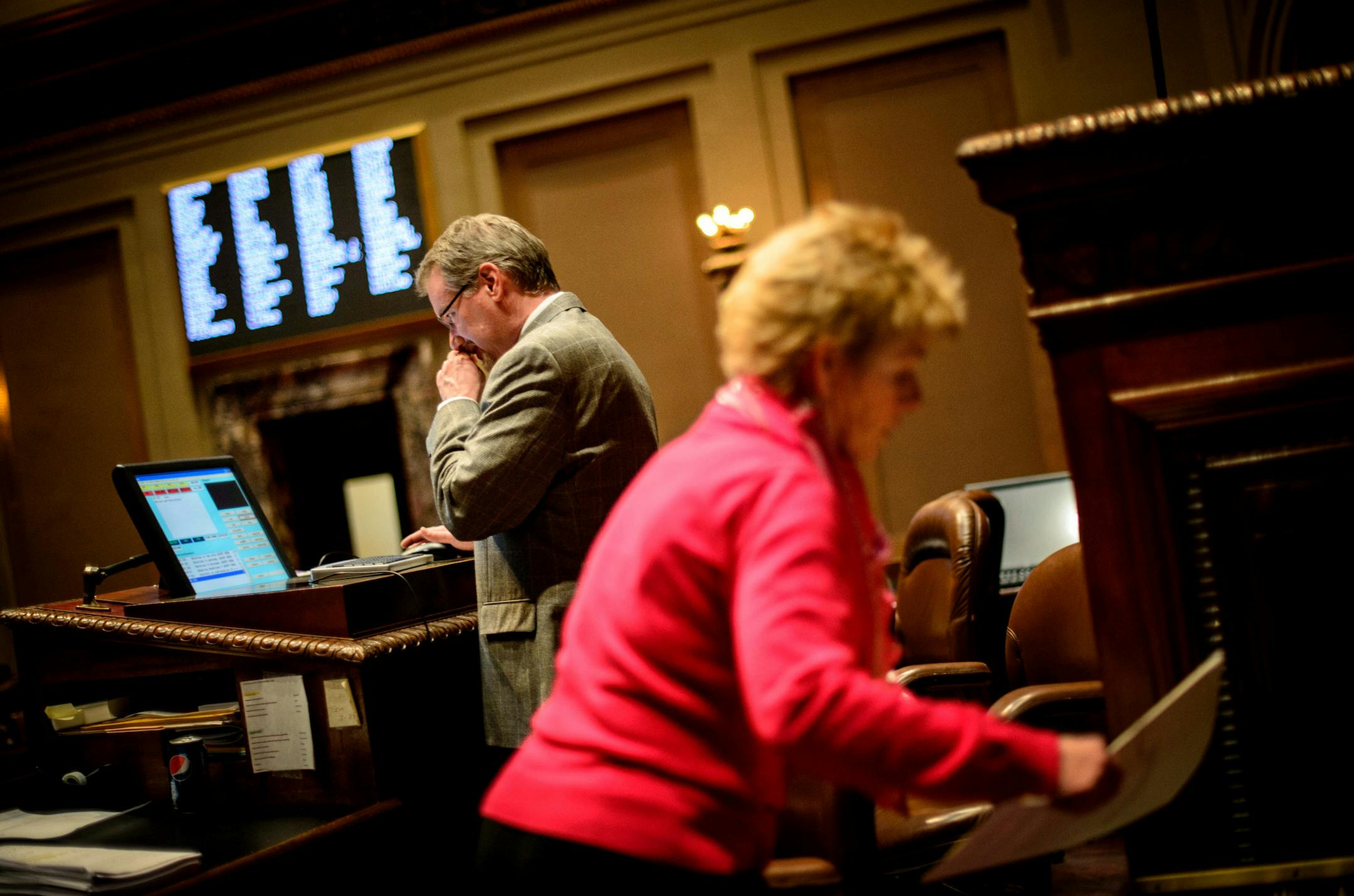 Two hundred forty six bills will be introduced into the State Senate Tuesday and Assistant Senate Secretaries Michael Linn and Colleen Pacheco wanted to make sure that process ran smoothly Monday, February 24, 2014, hours before the State Legislature reconvened. ] GLEN STUBBE * gstubbe@startribune.com
