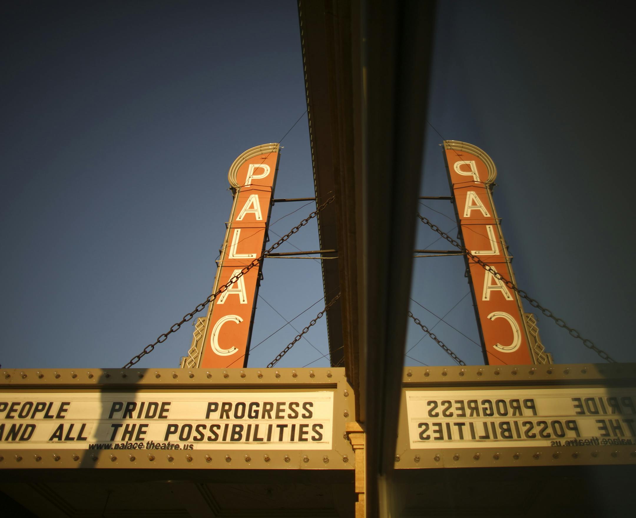 Small town movie theaters in rural Minnesota are facing the expensive decision to either install digital projection systems or shut down when movies cease being delivered on 35mm film at the end of the year. Windom's State Theater has already made the conversion last year; Luverne's Palace is raising money to make the change at a gala next week. The marquee of the Palace Theatre and its reflection in a window of the building on Tuesday afternoon, August 27, 2013 in Luverne. ] JEFF WHEELER ȁ