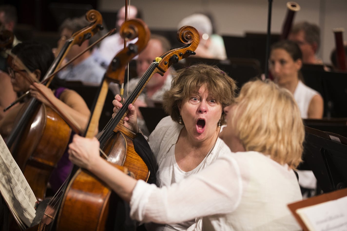 Minnesota Orchestra cello player Marcia Peck chats before rehearsal at the Teatro Nacional in Havana, Cuba on Thursday, May 14, 2015.