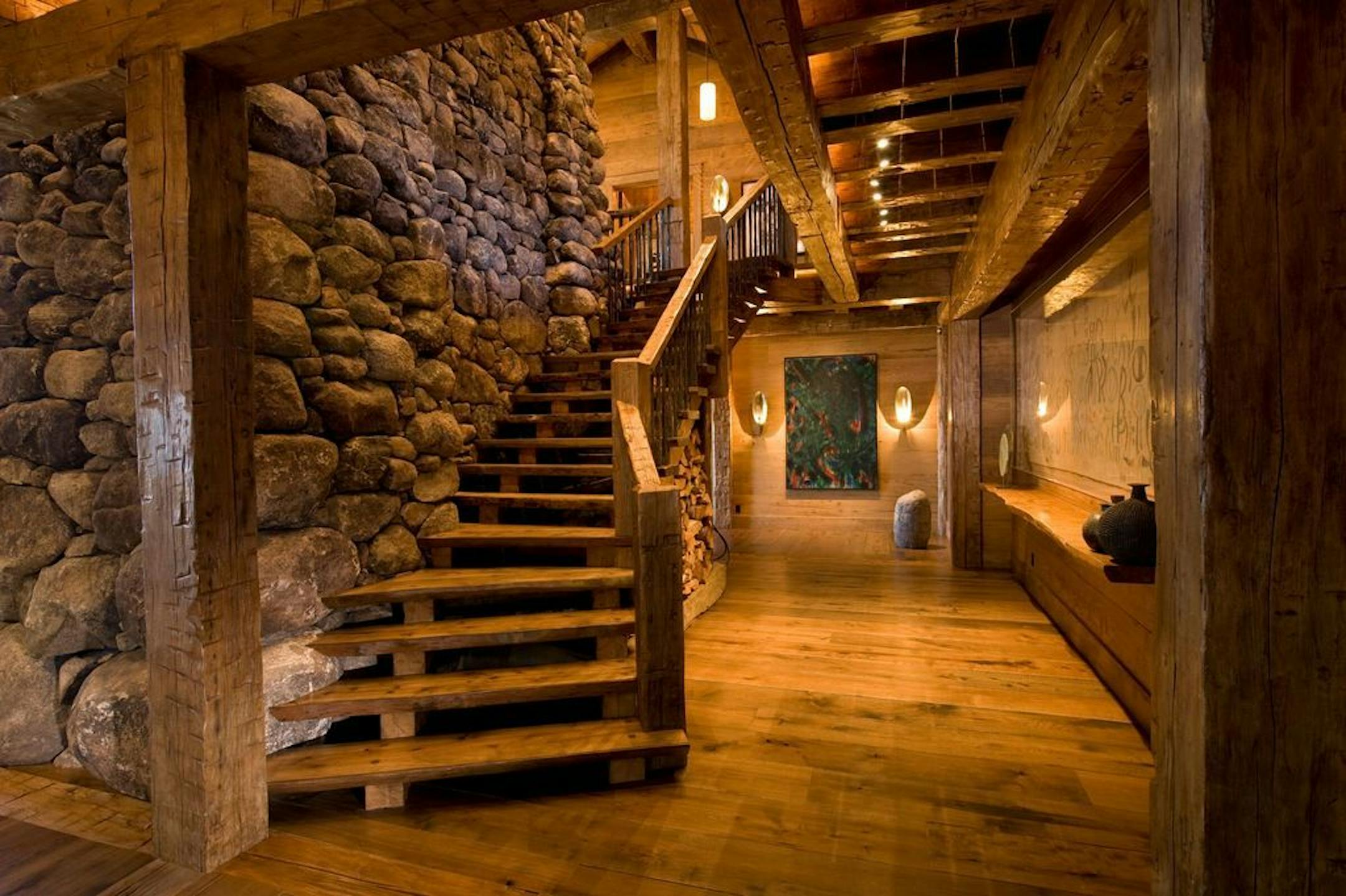 The staircase also is highlighted with stone.