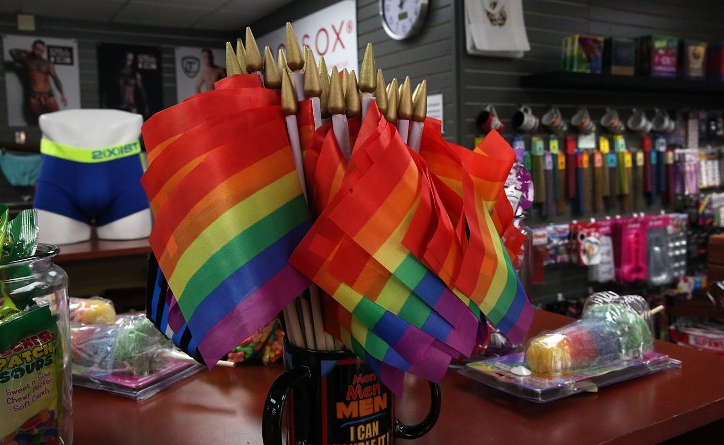 Rainbow Road in Minneapolis, offers a variety of rainbow-themed pride merchandise, including stickers, flags, suspenders and more. ] JIM GEHRZ&#xef;james.gehrz@startribune.com (JIM GEHRZ/STAR TRIBUNE) / June 23, 2016/ 12:00 PM , Minneapolis, MN - BACKGROUND INFORMATION: Target&#xed;s prominent rainbow-themed pride merchandise displays in select stores has been turning heads. You can also find rainbow gear at Macy's, Old Navy, and Hot Topic. We take a look at the mainstreaming of pride merchandis