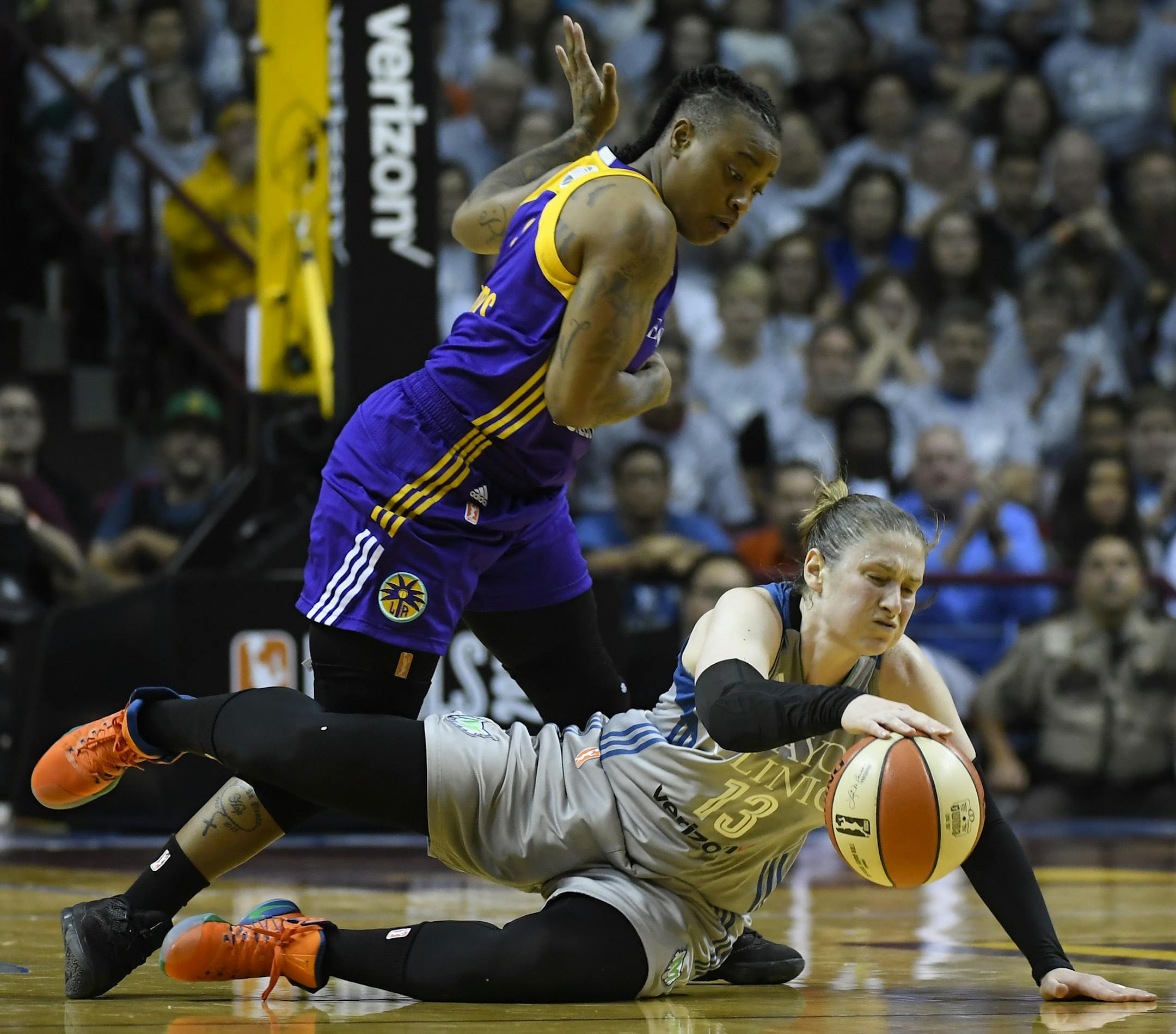Minnesota Lynx guard Lindsay Whalen was fouled by Los Angeles Sparks guard Riquna Williams. ] AARON LAVINSKY ï aaron.lavinsky@startribune.com The Minnesota Lynx faced the Los Angeles Sparks in a game 5 of their WNBA Championship Series Wednesday night, October 4, 2017 at Williams Arena in Minneapolis.