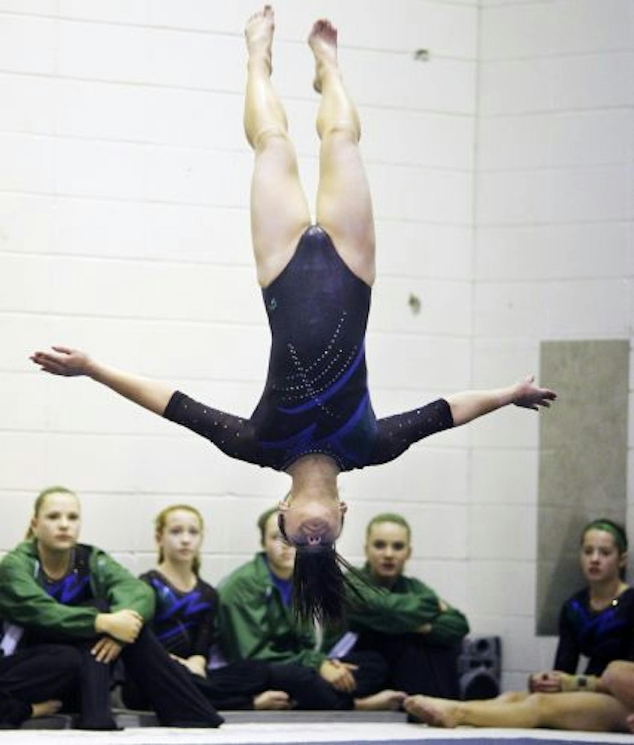 At a gymnastics meet at Blooomington Jefferson H.S., Julia Wolter scored a 9.175 on the floor exercise.