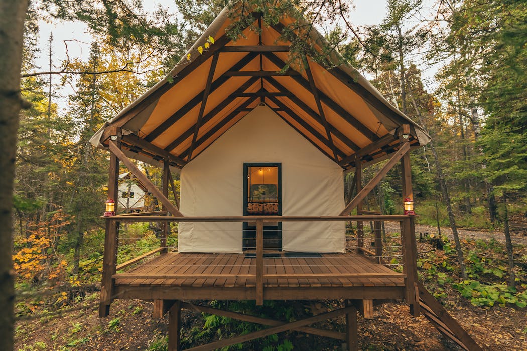 An elevated glamping tent at North Shore Camping Co. in Beaver Bay.