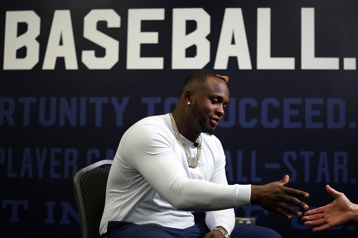 Miguel Sano, who agreed to a three-year contract with a team option for a fourth, talked with reporters at a press conference.