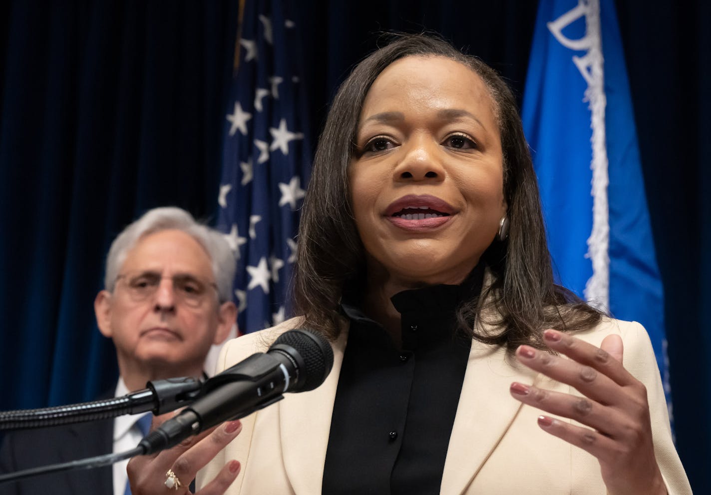 U.S. Attorney General Merrick Garland listened as Assistant Attorney General Kristen Clarke spoke about the DOJ investigation Friday, June 16, 2023 Minneapolis, Minn. Attorney General Merrick B. Garland, Associate Attorney General Vanita Gupta, Assistant Attorney General Kristen Clarke, First Assistant U.S. Attorney Ann Bildtsen for the District of Minnesota, Minneapolis Mayor Jacob Frey, and Minneapolis Police Chief Brian O'Hara will hold a press conference tomorrow on a civil rights matter.