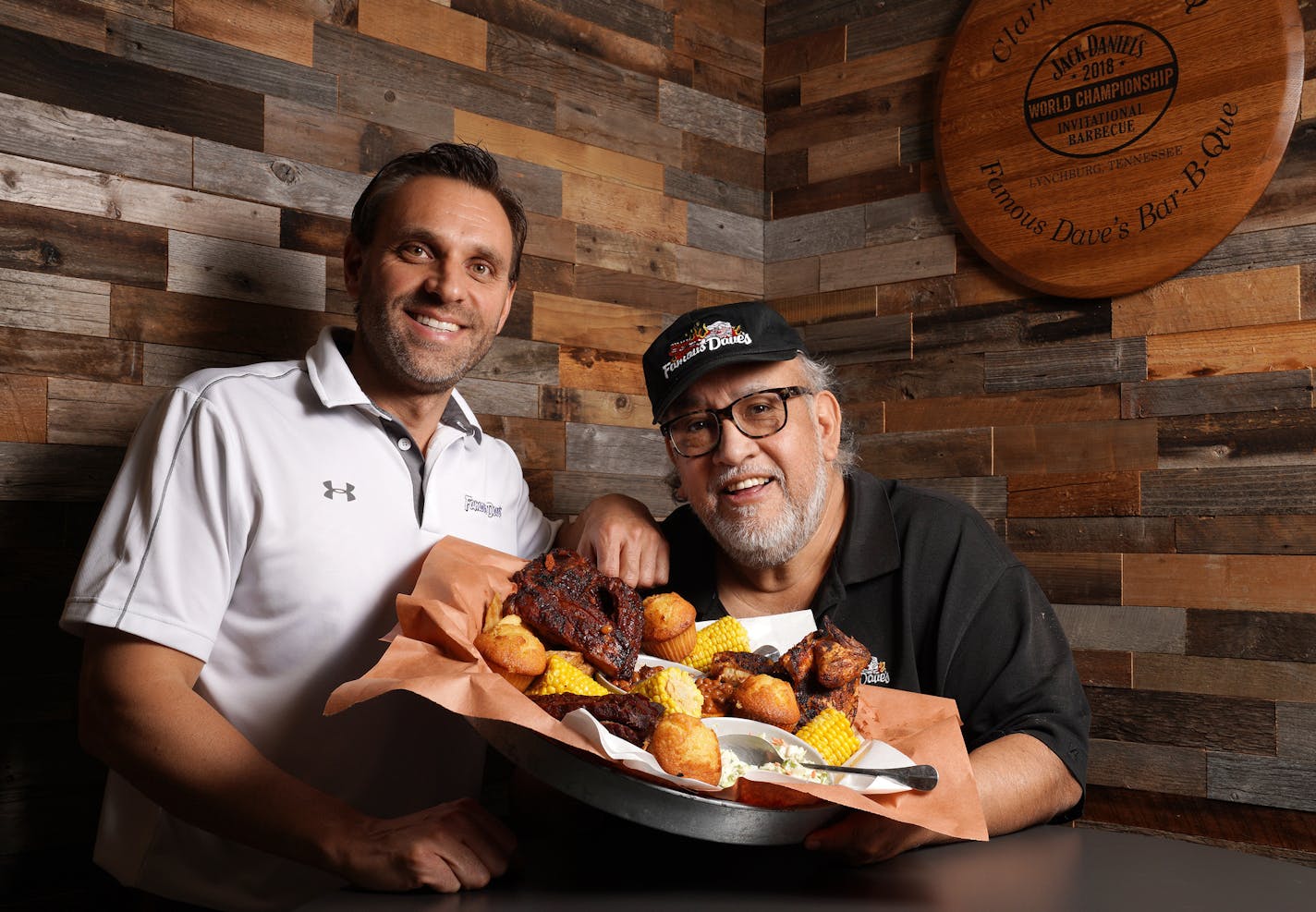 Famous Dave's CEO Jeff Crivello, left, and founder Dave Anderson posed for a portrait at the test kitchen in their company headquarters Wednesday. ] ANTHONY SOUFFLE &#x2022; anthony.souffle@startribune.com Famous Dave's CEO Jeff Crivello, left, and founder Dave Anderson posed for a portrait at the test kitchen in their company headquarters Wednesday, Oct. 16, 2019 in Minnetonka, Minn.