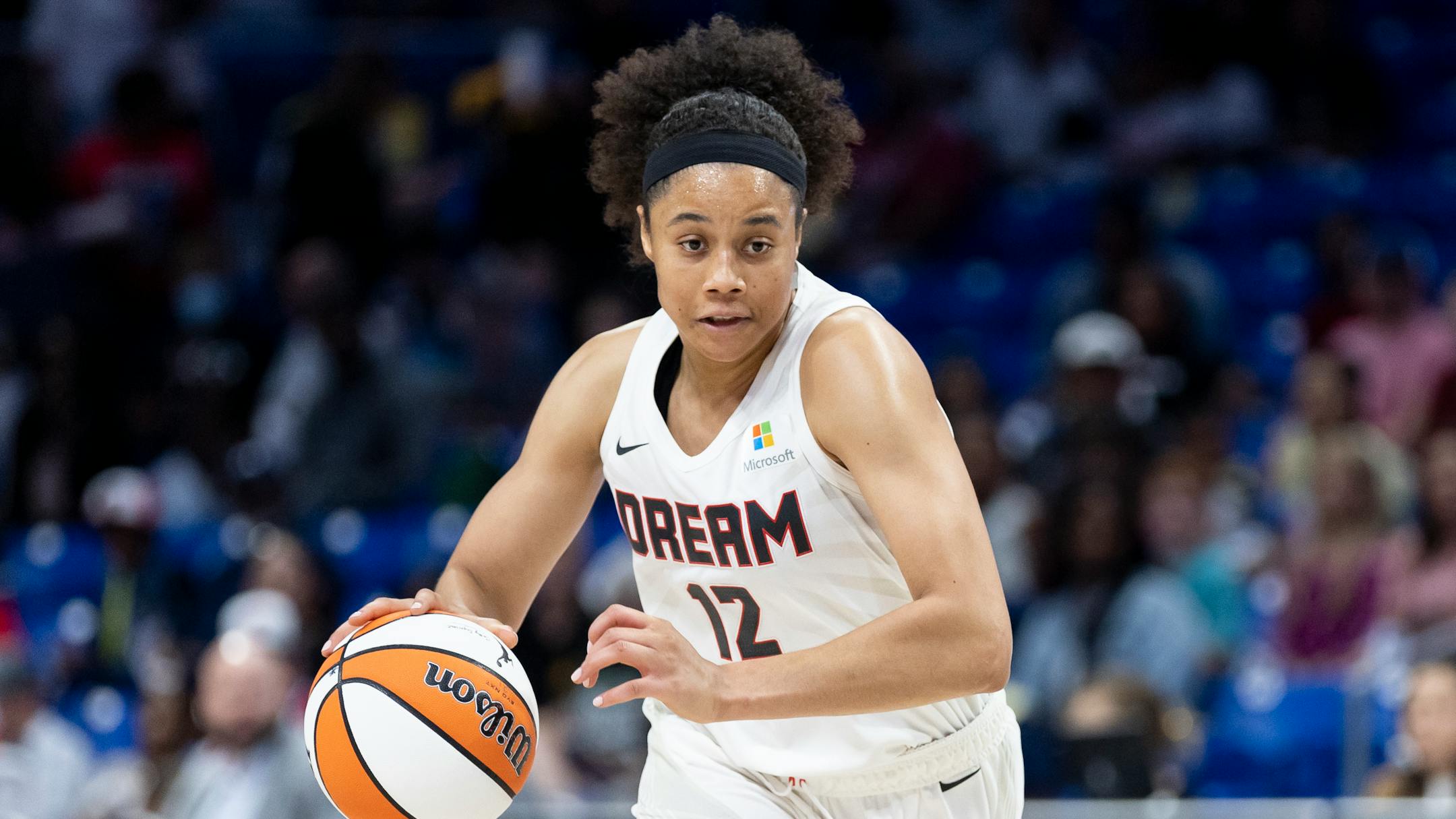 Atlanta Dream forward Nia Coffey is seen during a WNBA basketball game against the Dallas Wings, Saturday, May 7, 2022, in Arlington, Texas. Atlanta won 66-59. (AP Photo/Brandon Wade)