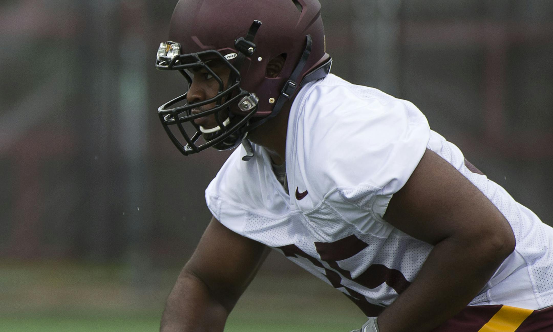 Running Back Rodrick Williams Jr. prepared to run during the second practice of the season for Gophers football at Gibson-Nagurski field, in Minneapolis, Minn. on Saturday August 8, 2015. ] RACHEL WOOLF · rachel.woolf@startribune.com