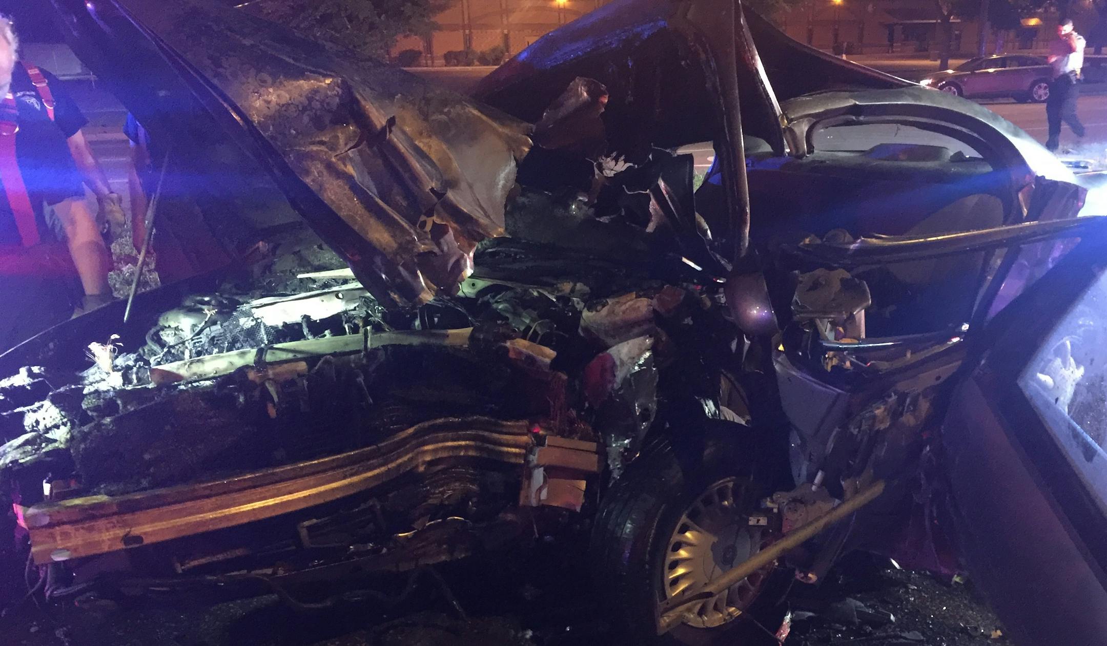 This car caught fire after crashing May 20, 2016, on Olson Hwy. in Minneapolis. The driver died four weeks later.