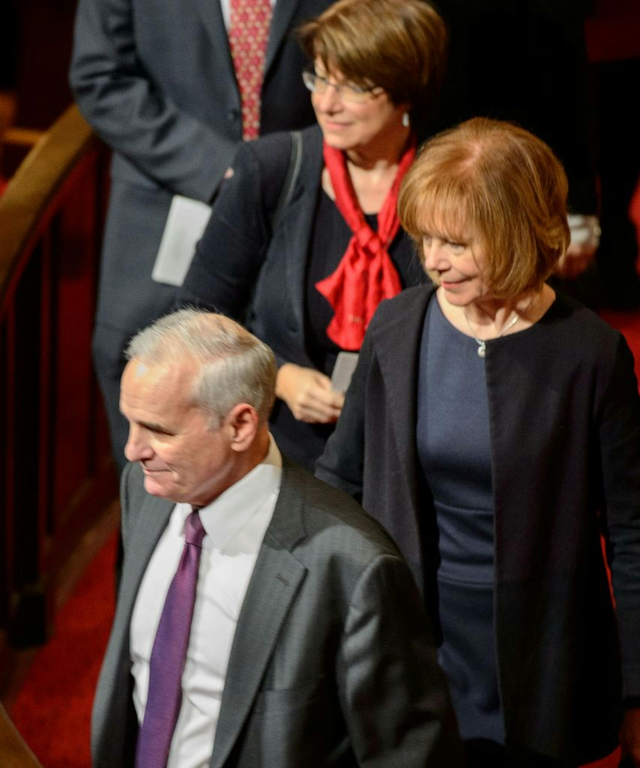 Governor Mark Dayton , running mate, Tina Smith and Senator Amy Klobuchar entered Joan Mondale's memorial service. It was held Saturday, February 8, 2014 at Westminster Presbyterian Church, Minneapolis. Vice President Joe Biden attended with his wife Jill as well as Jimmy and Rosalynn Carter.