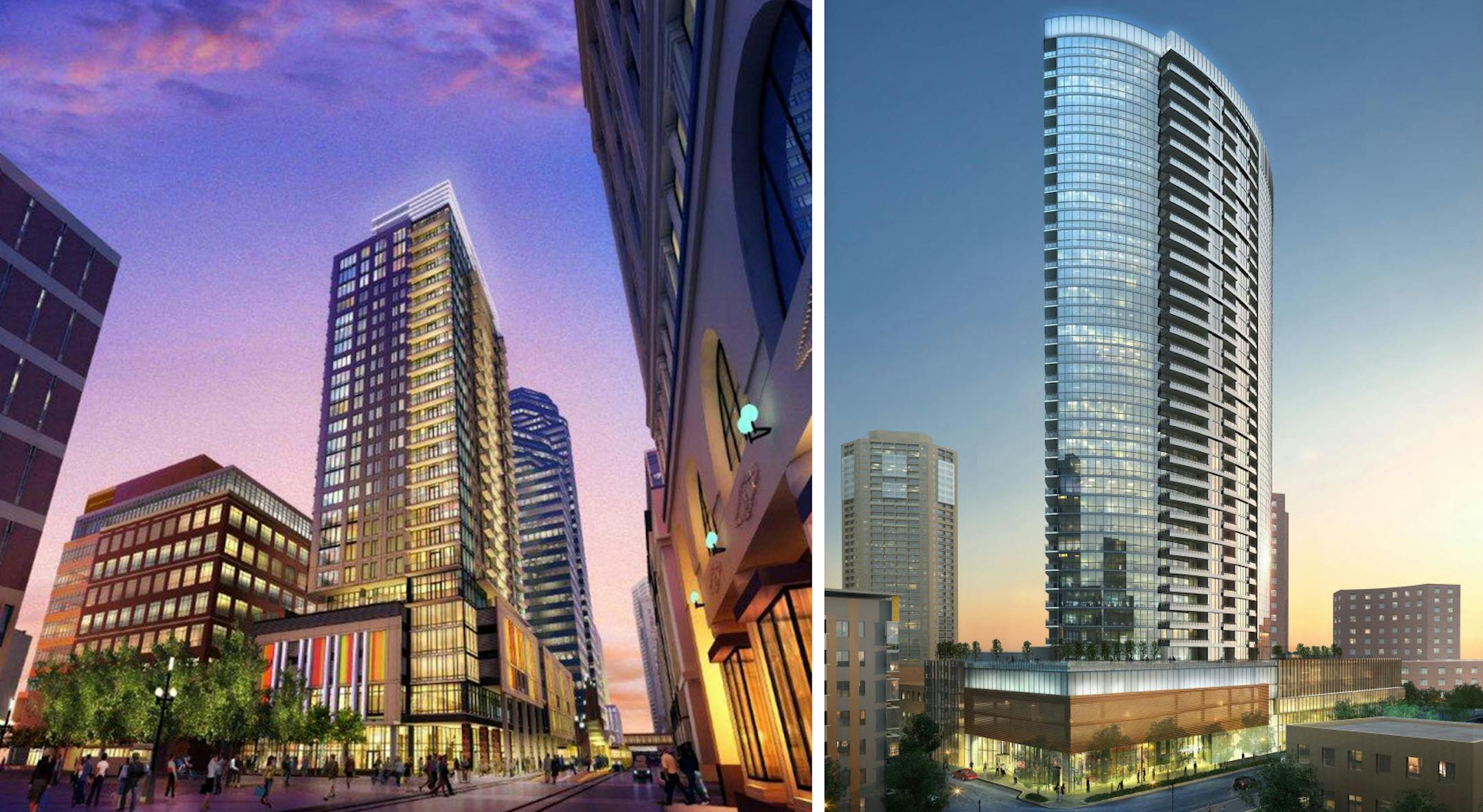 Left: Rendering of proposed Nic on Fifth (LMACG Ltd.). Right: Rendering of proposed LPM Apartments (Crystal CG).