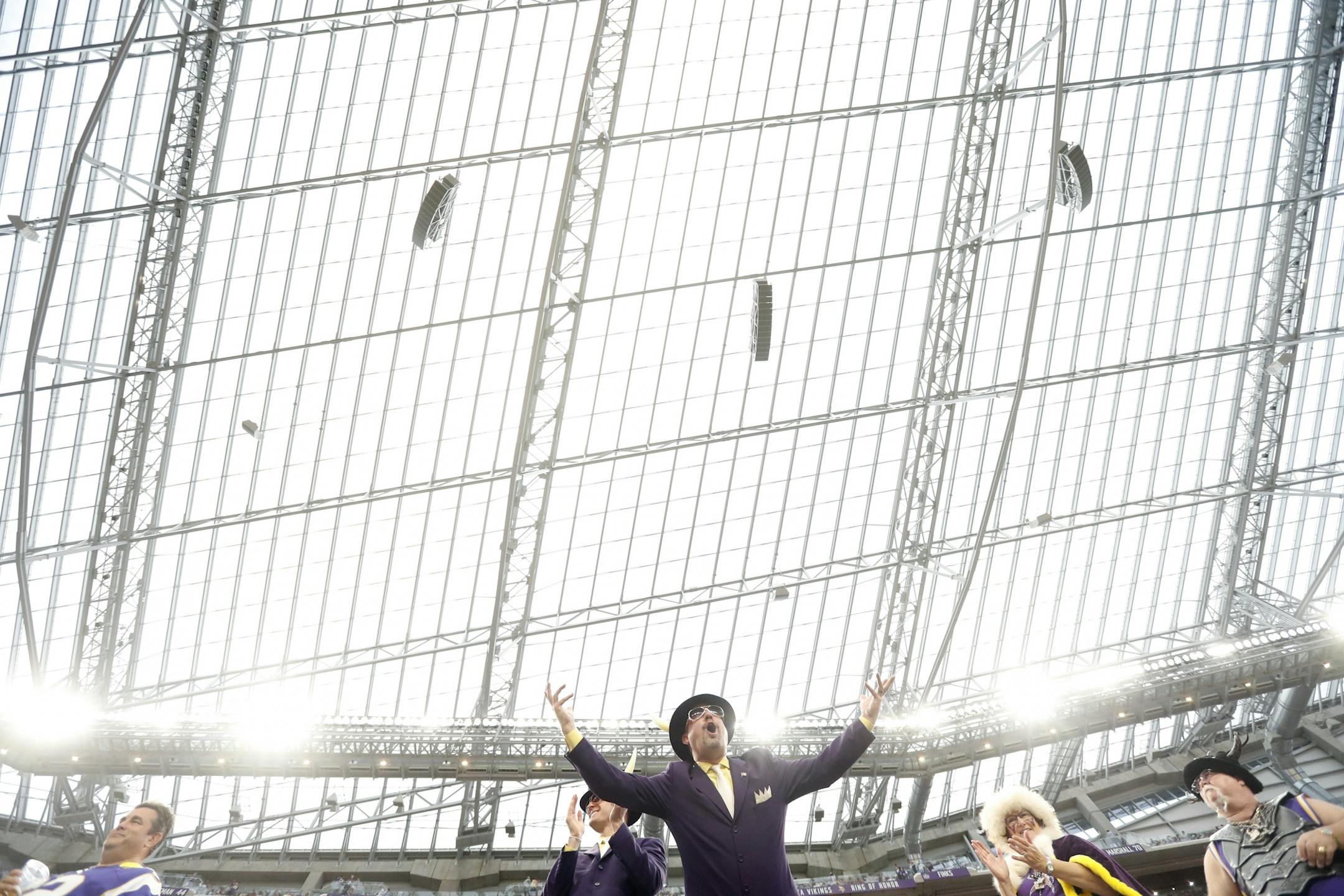 Purple Pimp Jon Herzig cheered as the vikings took the field for warms ups at U.S. Bank Stadium Sunday September 18 ,2016 in Minneapolis, MN.