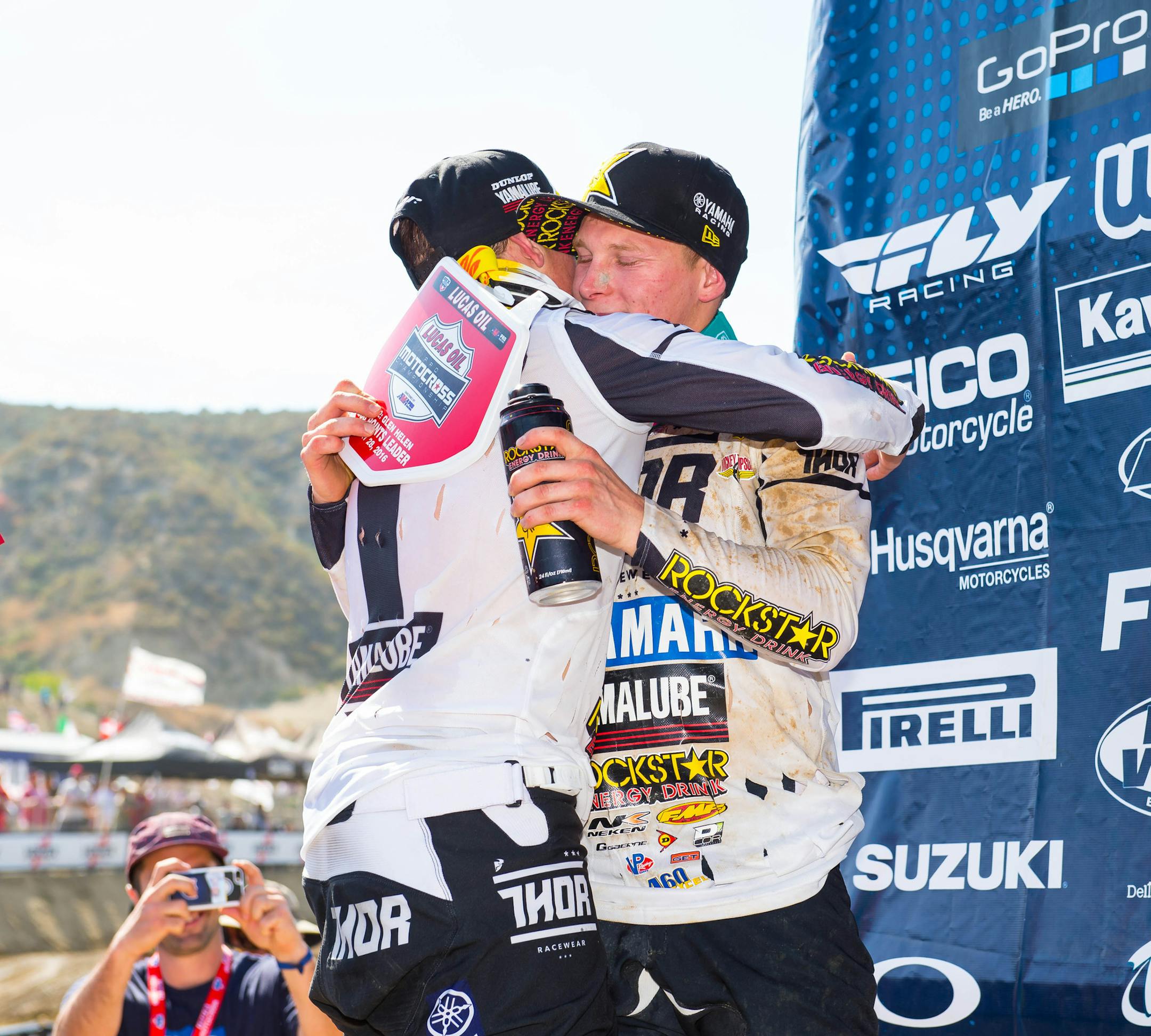 Brothers Jeremy Martin (left, second place) and Alex Martin (right, first place) finished 1-2 in the season-opening race in San Bernardino, Calif. Brothers going 1-2 in pro motocross hadn&#xed;t happened since 1973. Photo courtesy of Pat Schutte